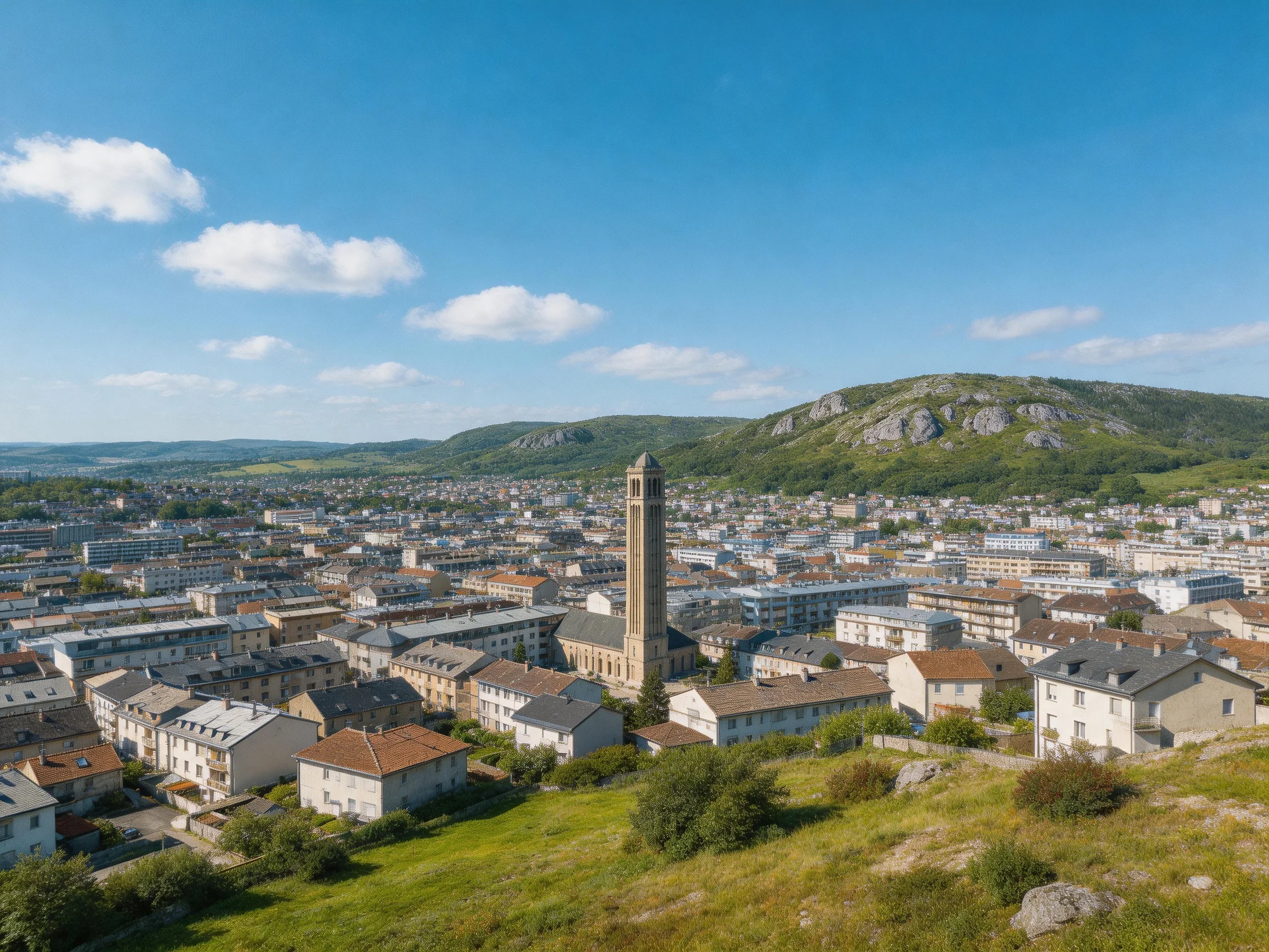 A historic town with a tall tower surrounded by rolling green hills