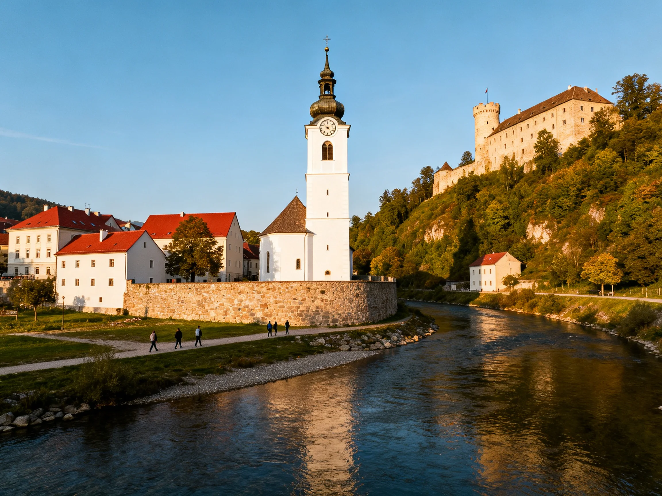 A historic town with a white clock tower, red roofs, and a castle by a river
