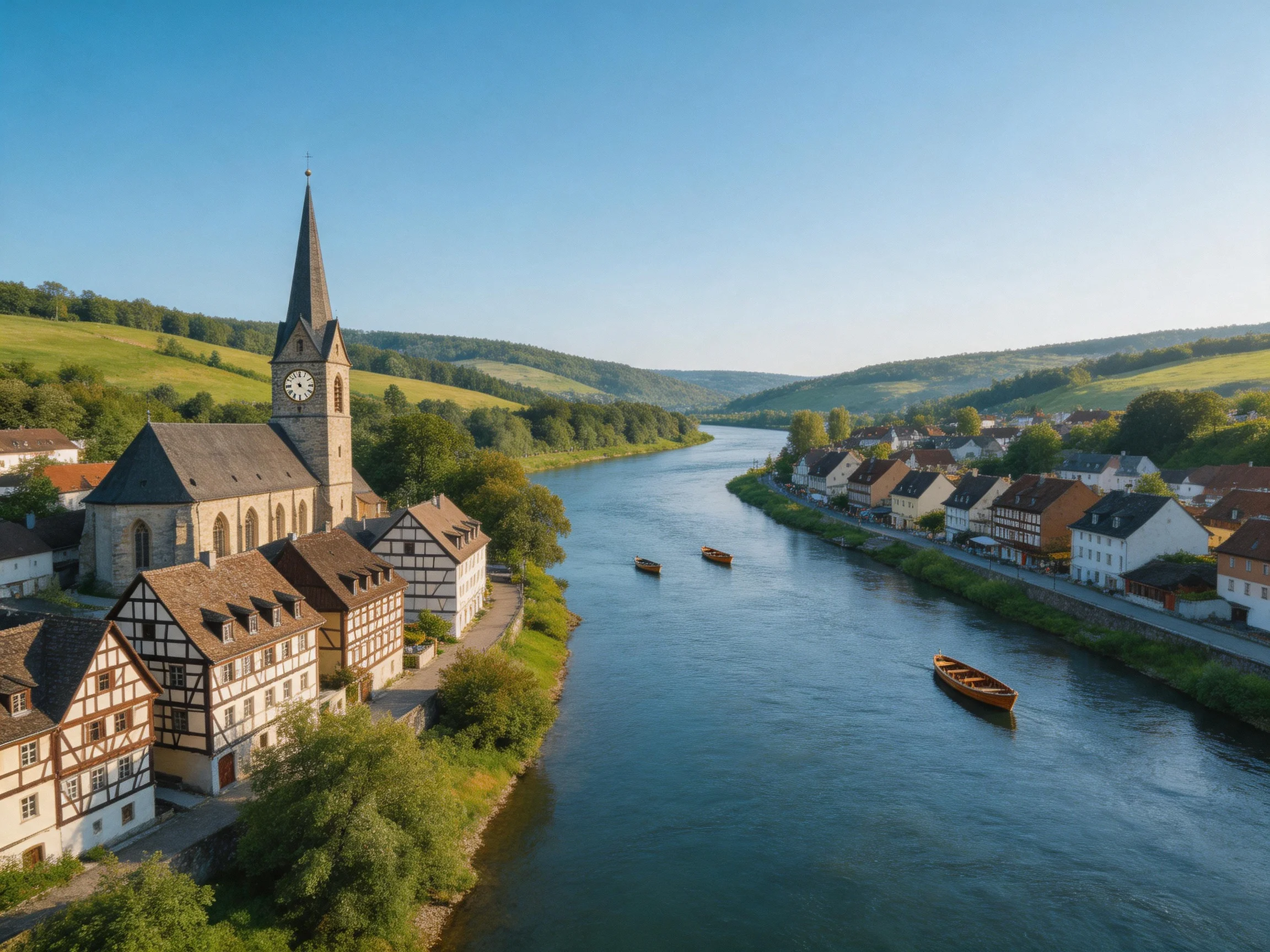 A historic town with timber-framed homes along a winding river