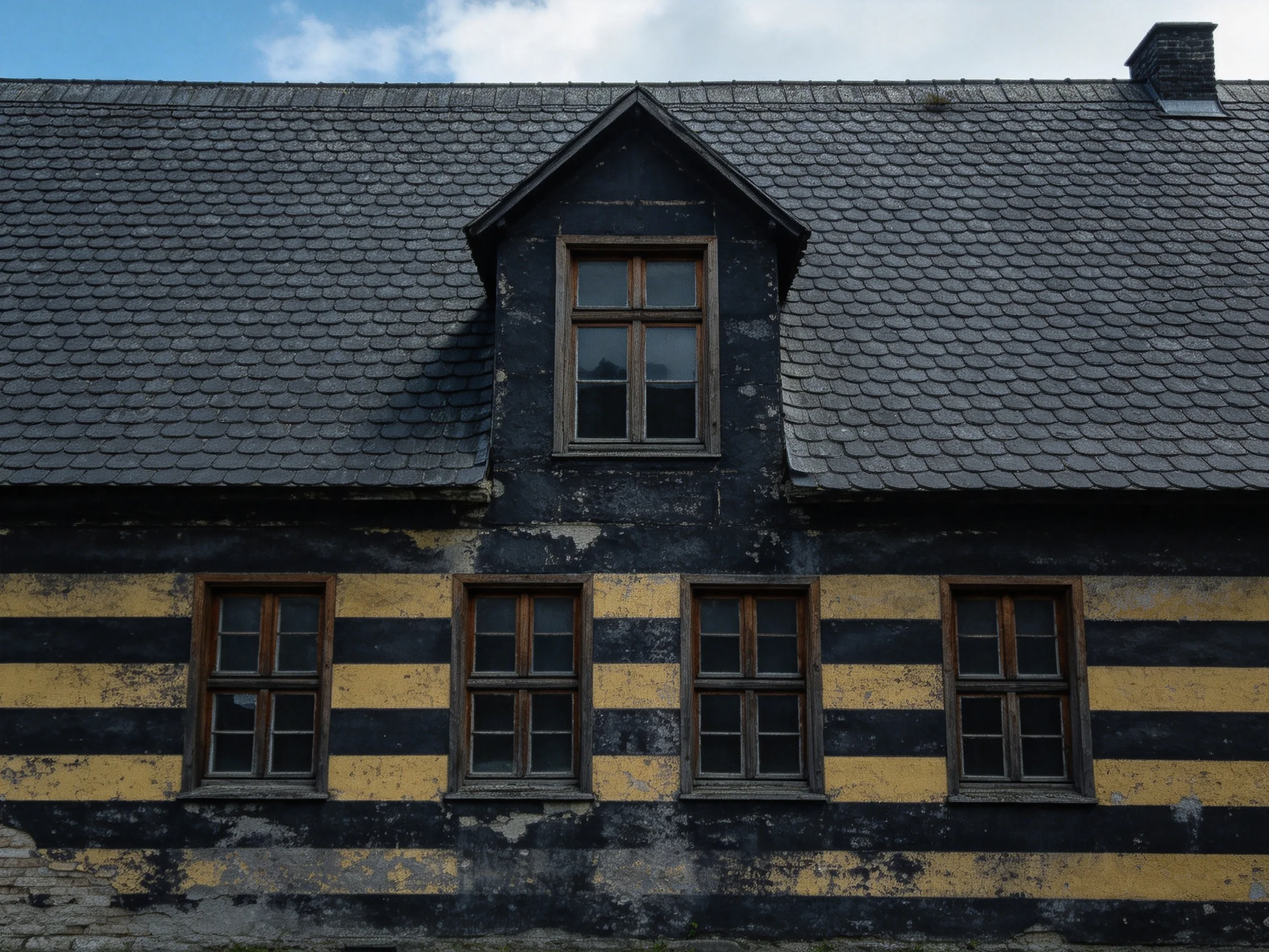 A historic two - story house with black and yellow striped walls