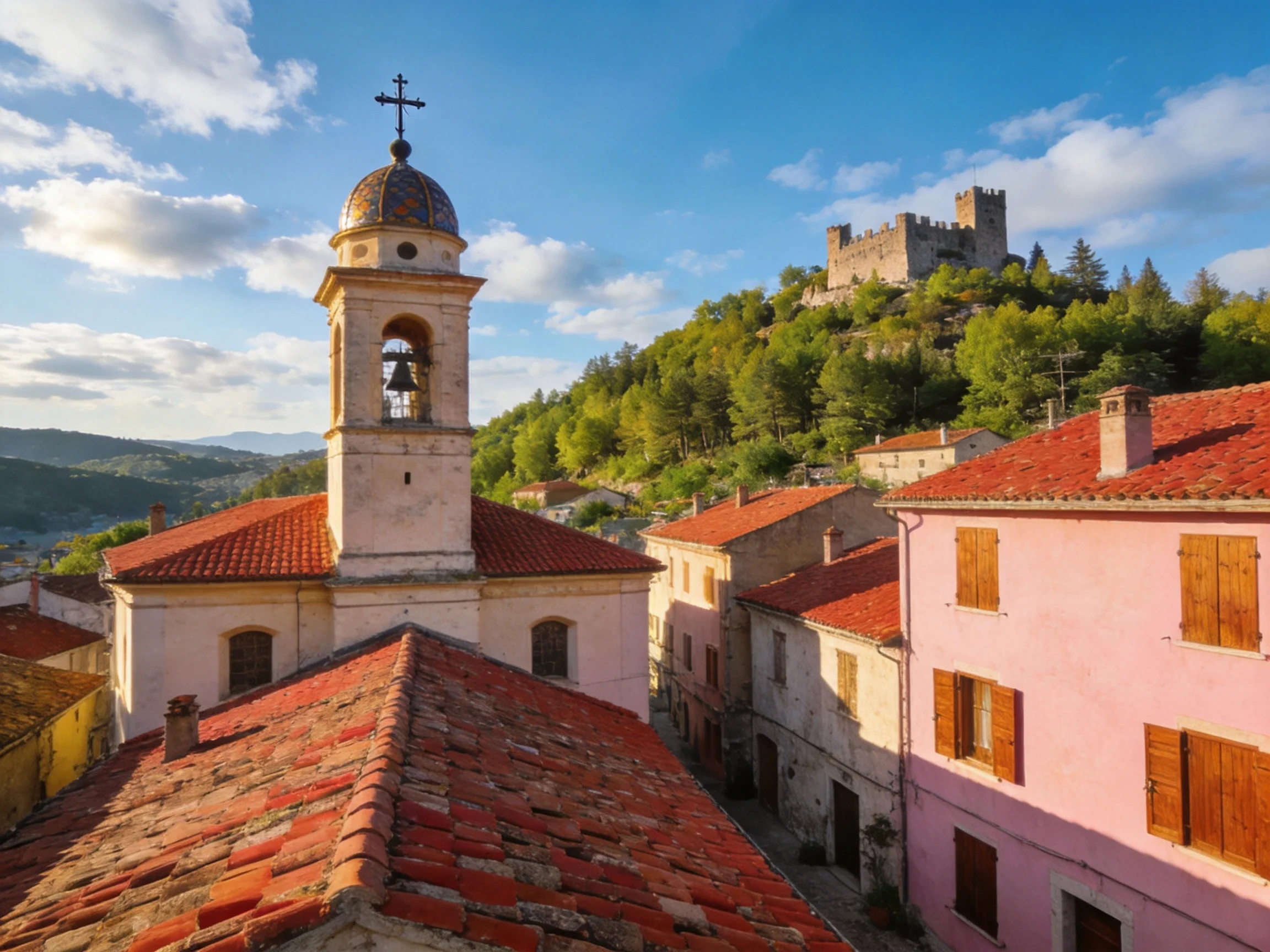 A historic village with a church tower, pink houses, and a castle atop a forested hill