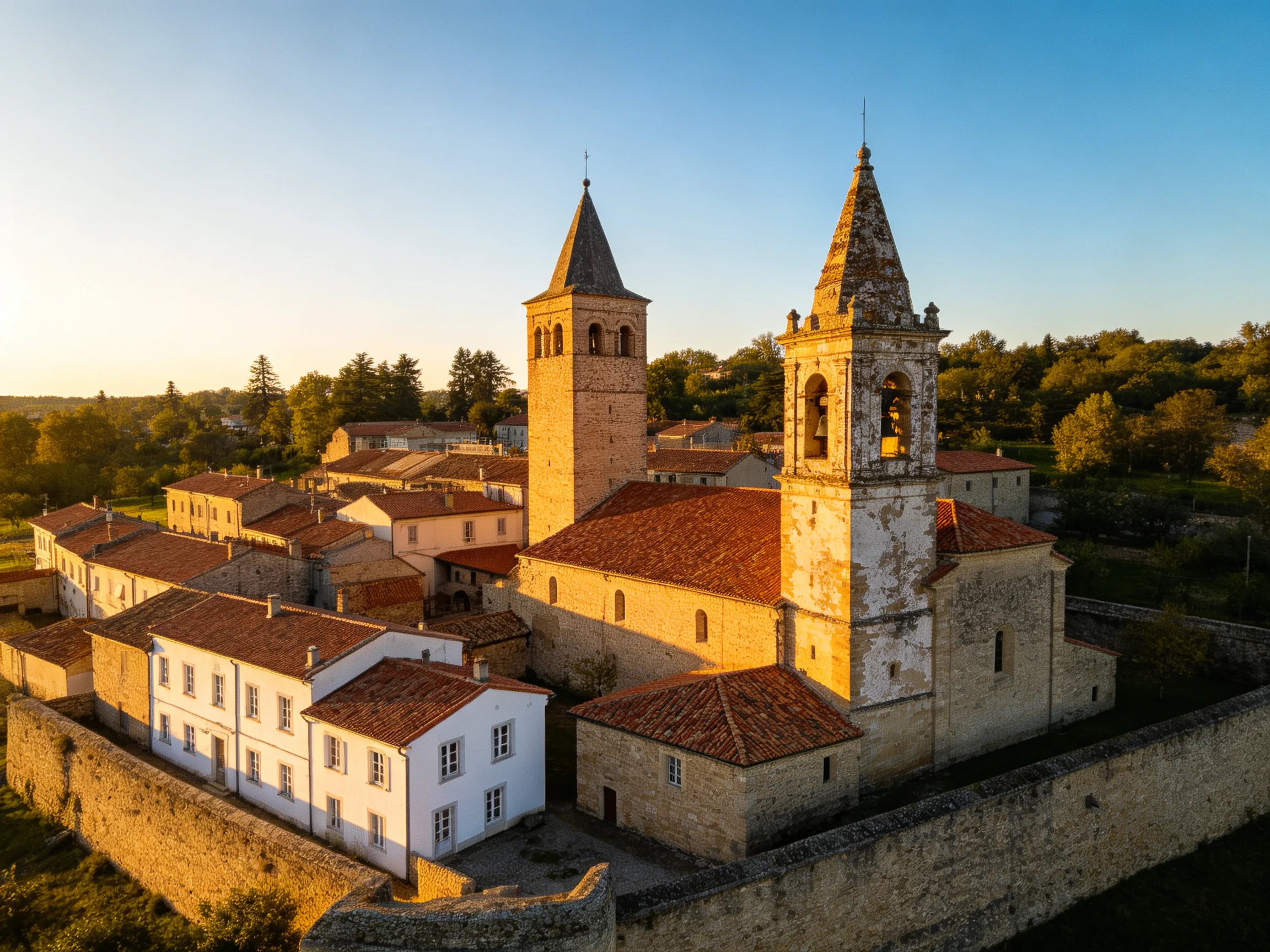 A historic village with two bell towers and red-tiled roofs at golden hour