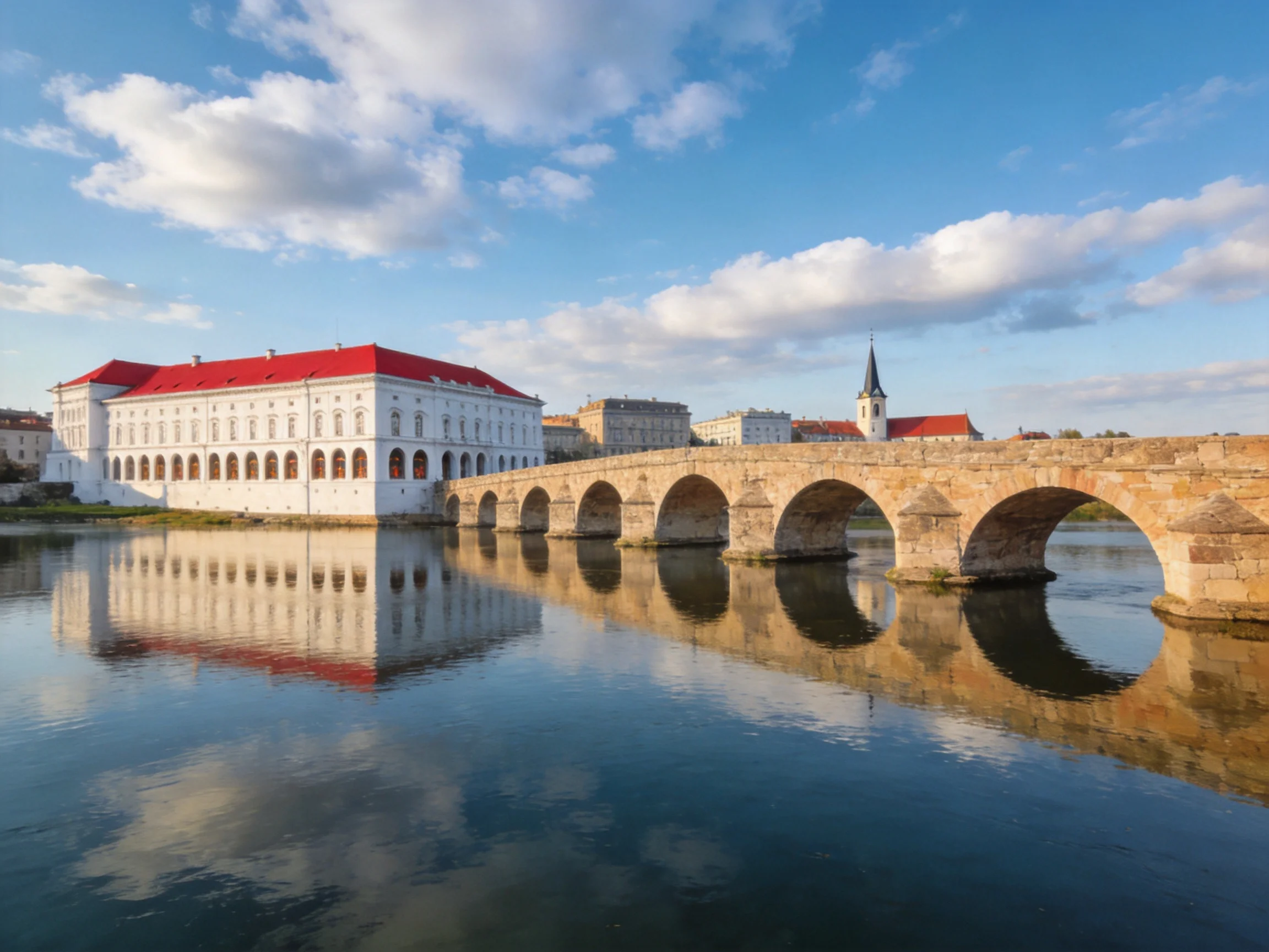 A historic white building with red roof near ancient stone bridge over calm water