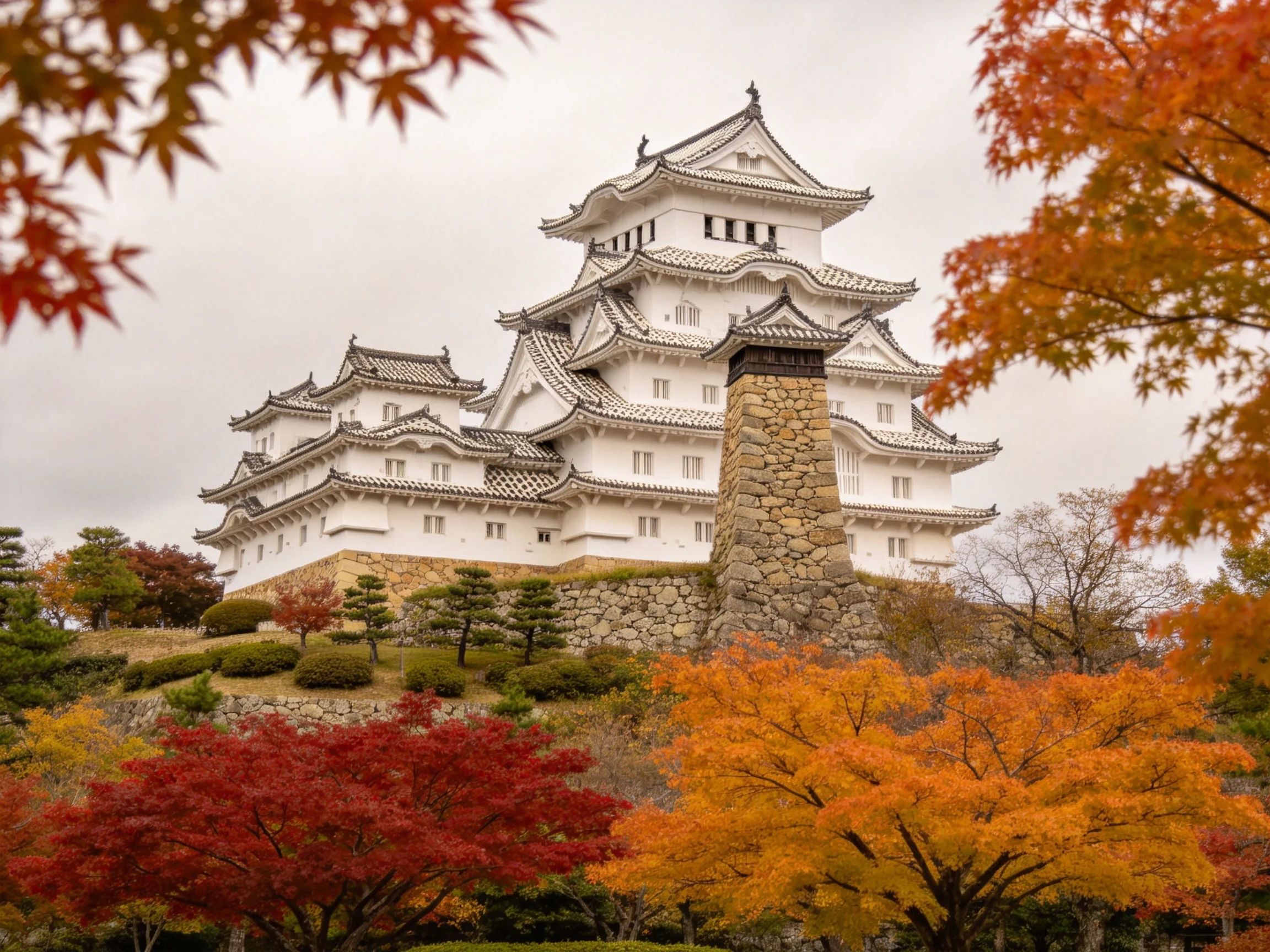 A historic white castle surrounded by vibrant autumn foliage