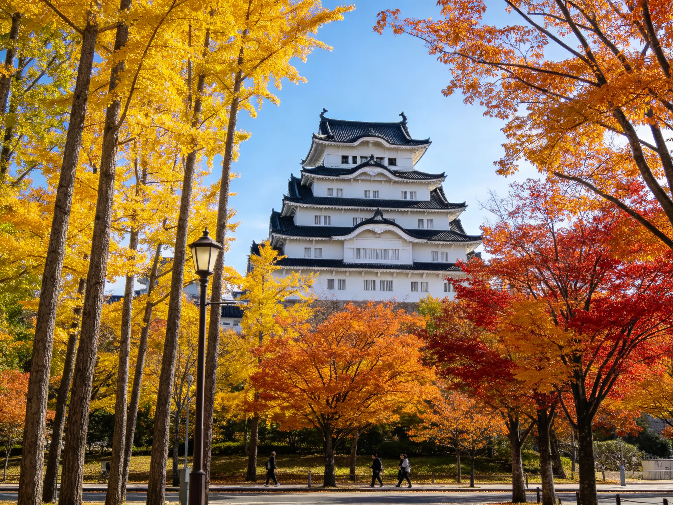 A historic white castle tower surrounded by vibrant autumn foliage