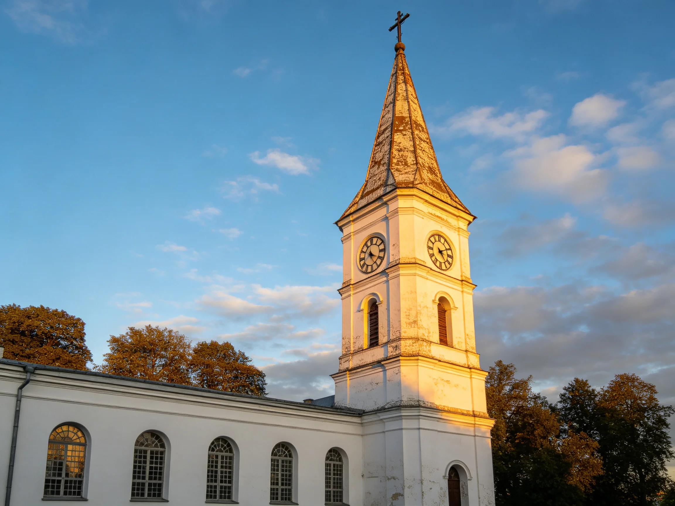 A historic white church tower with clock faces under a blue sky