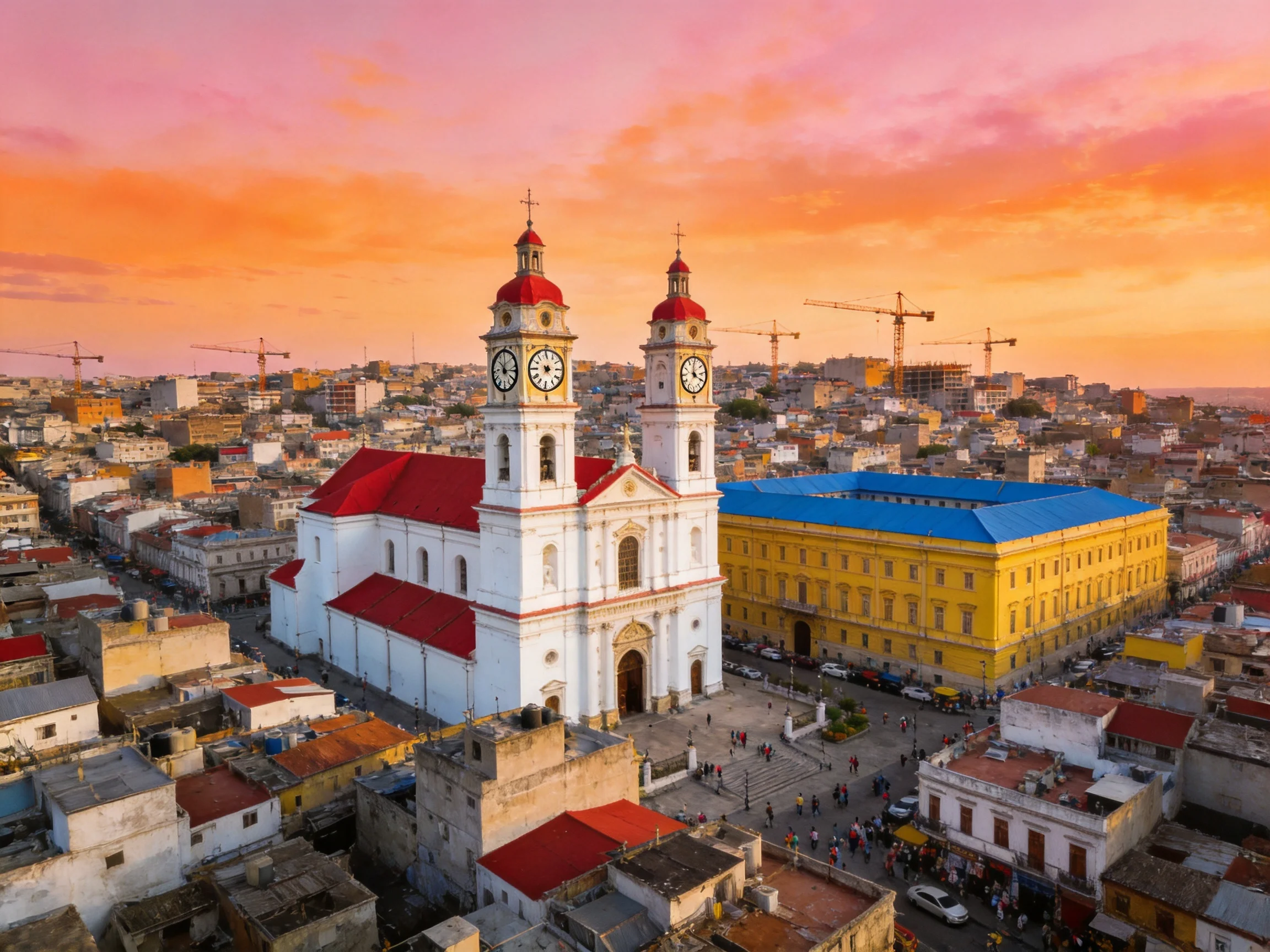 A historic white church with red roofs beside a blue-roofed building under a vibrant sunset sky