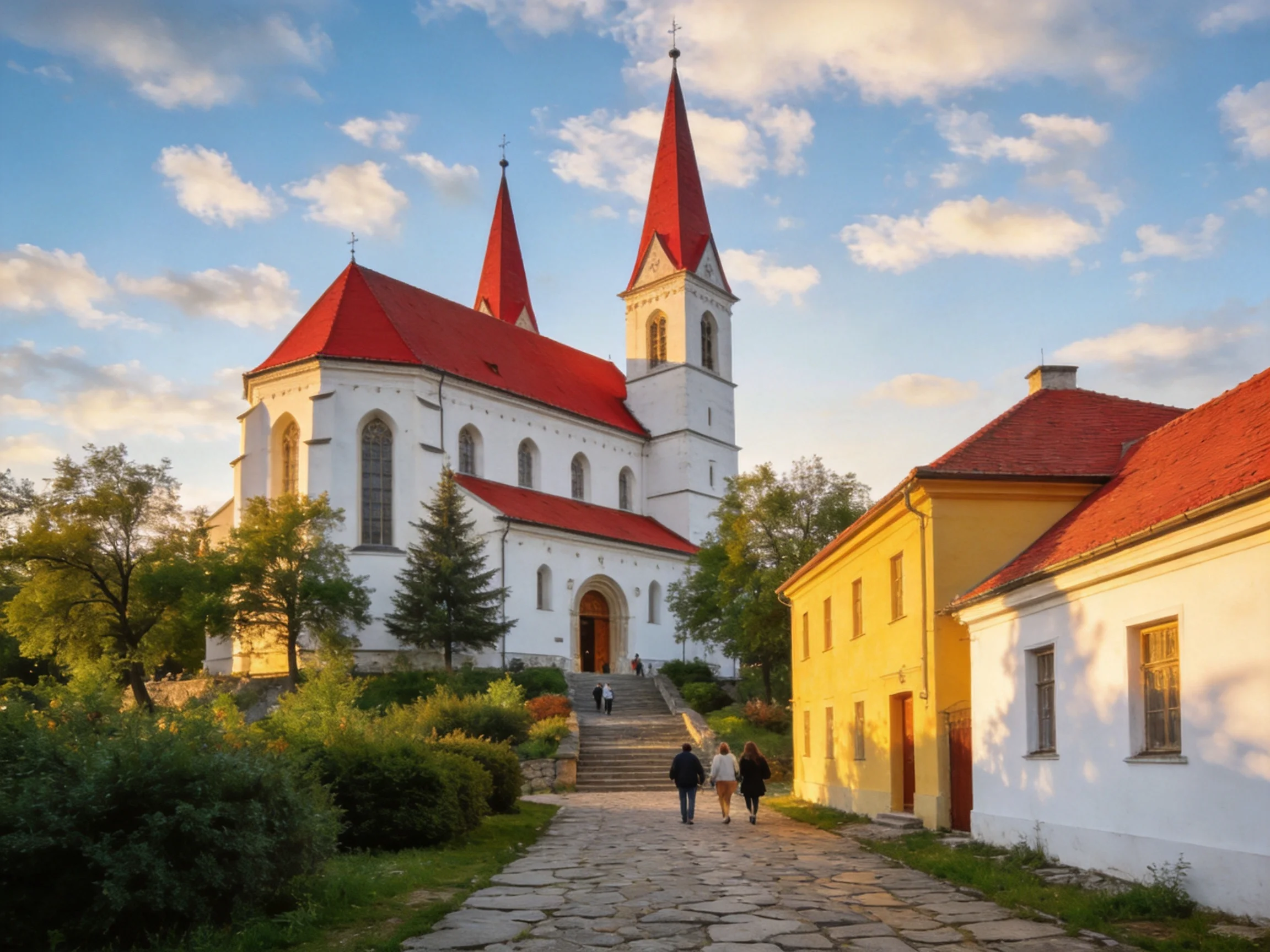 A historic white church with red roofs near colorful old buildings