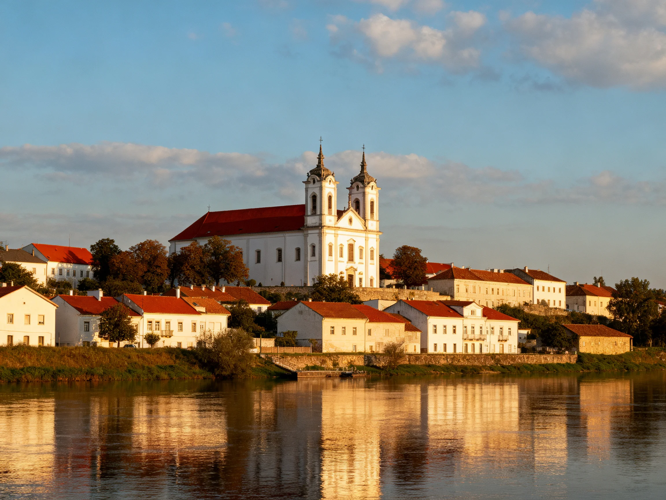 A historic white church with red roofs overlooks a riverside village.