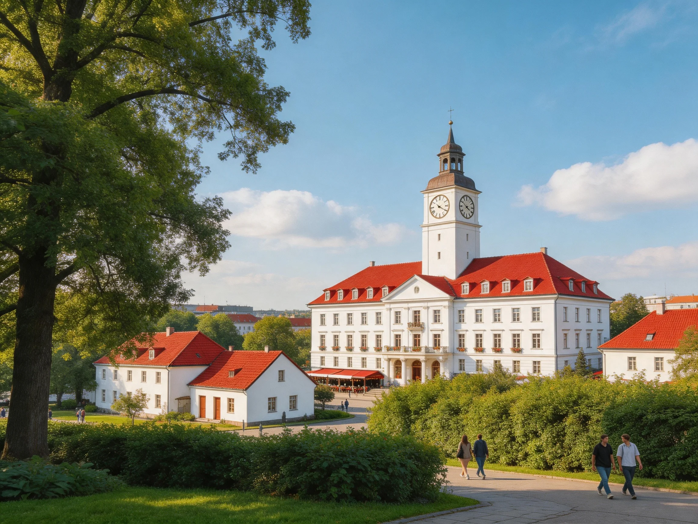 A historic white clock tower building with red roofs near lush greenery