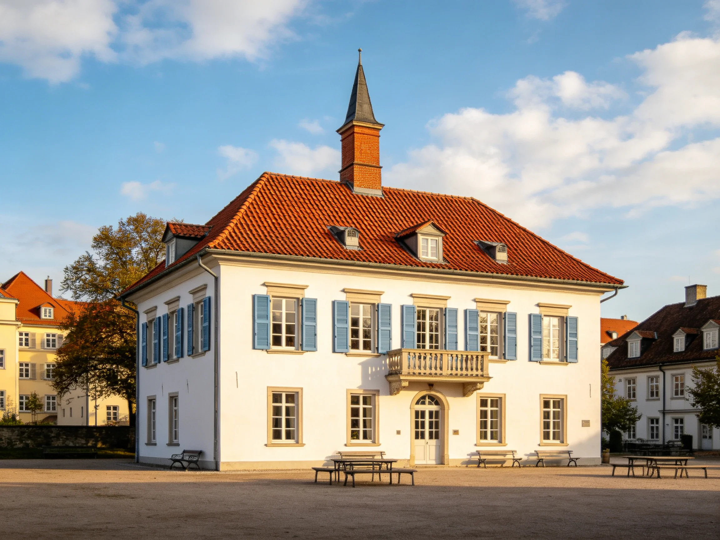 A historic white mansion with blue shutters and red tile roof