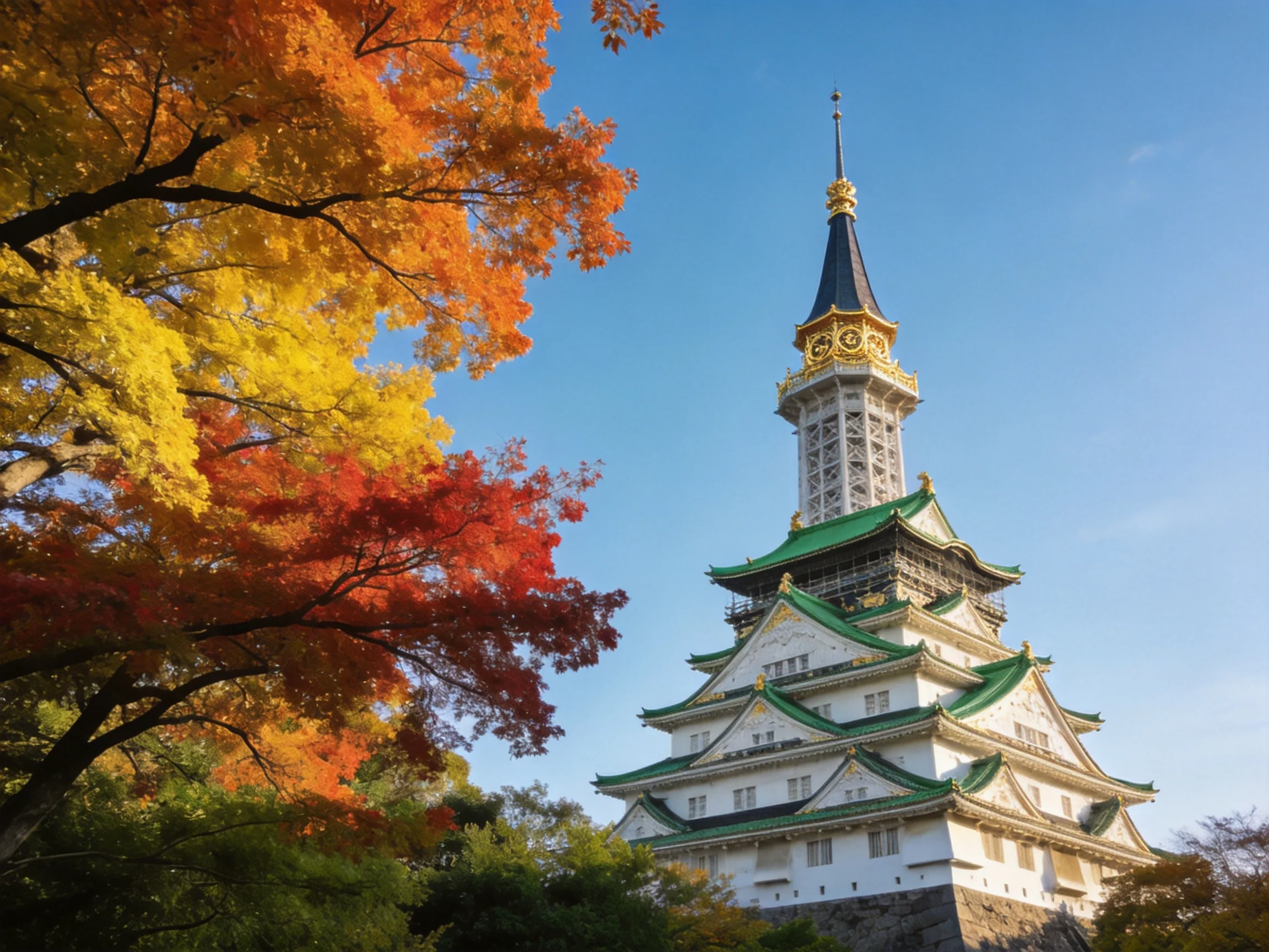 A historic white tower with green roofs beside vibrant fall foliage