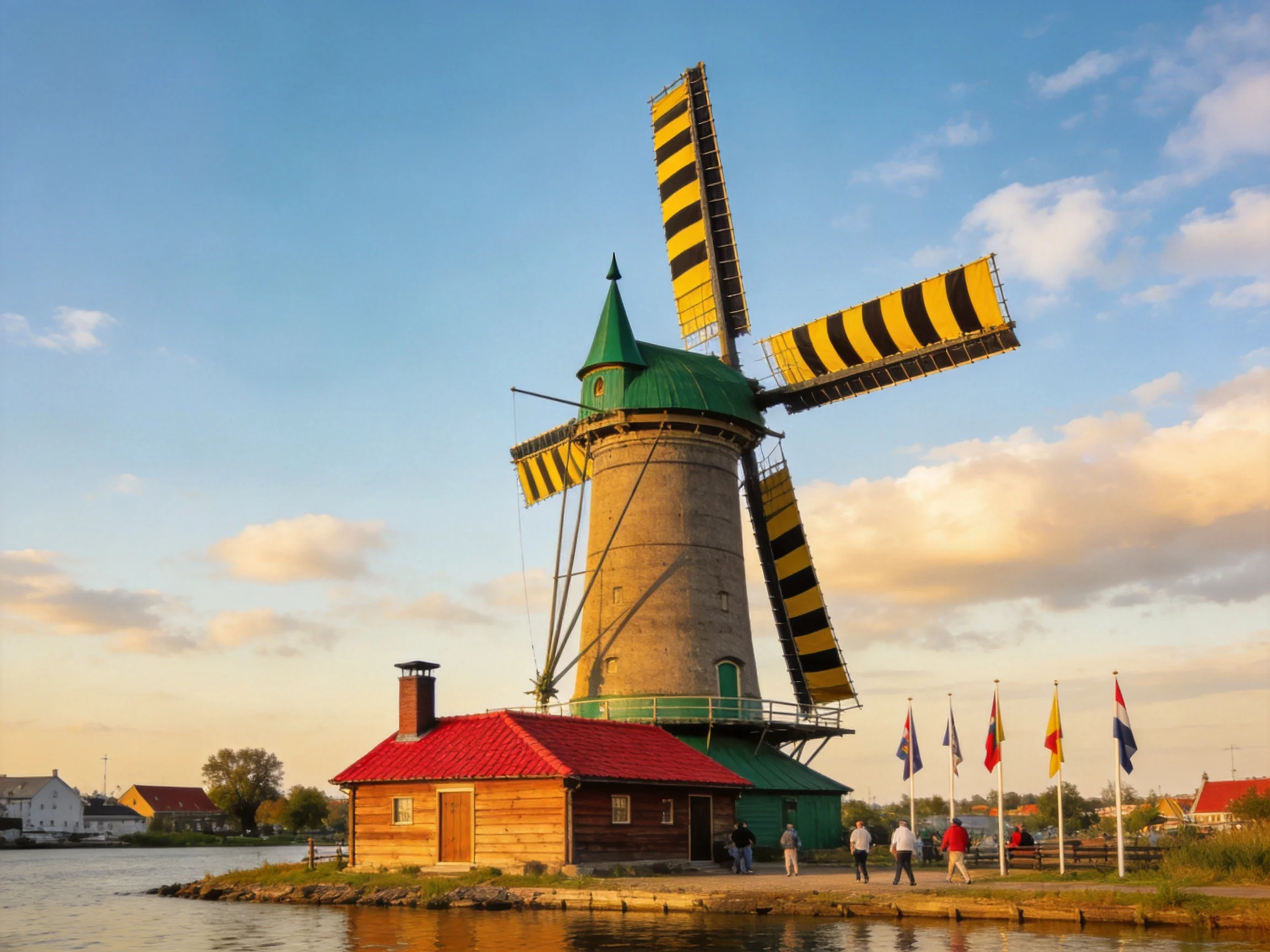 A historic windmill with striped sails near a red-roofed house by water