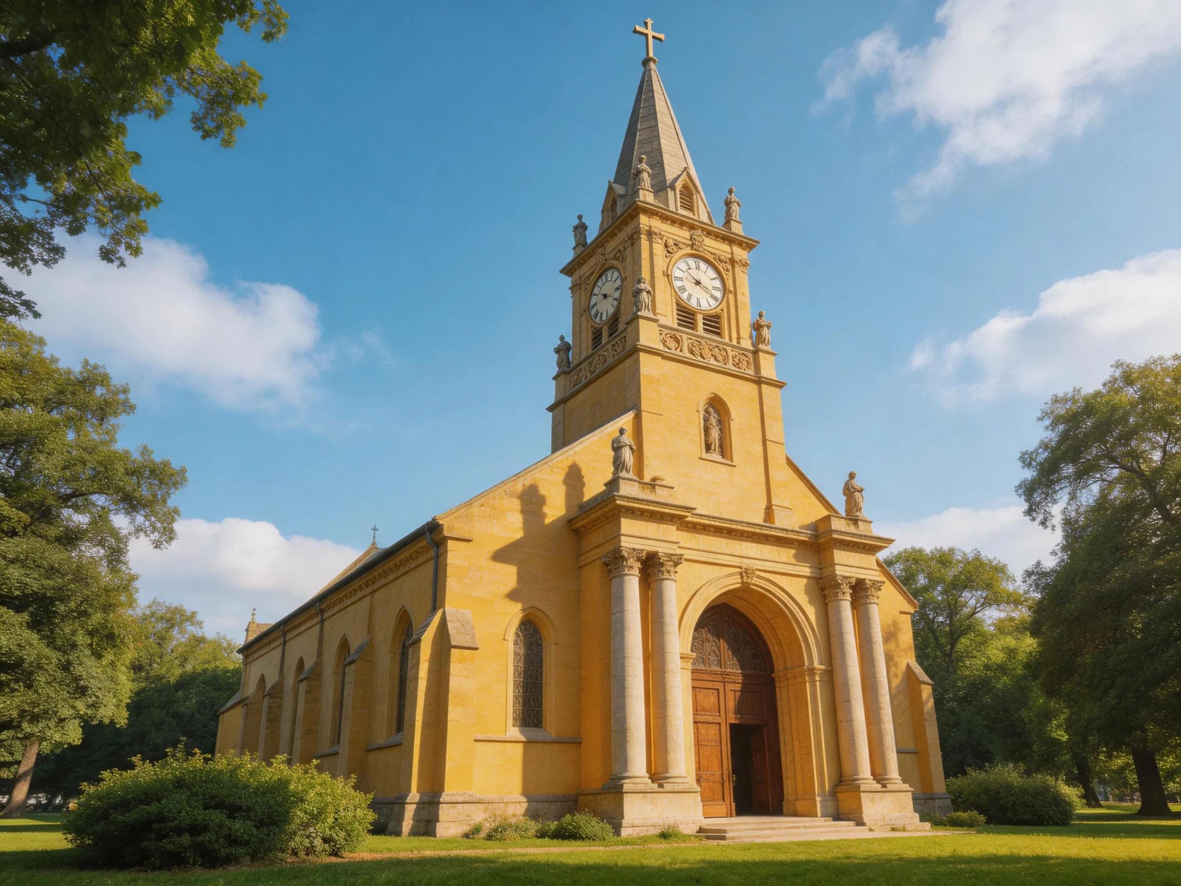 A historic yellow church with clock tower surrounded by greenery