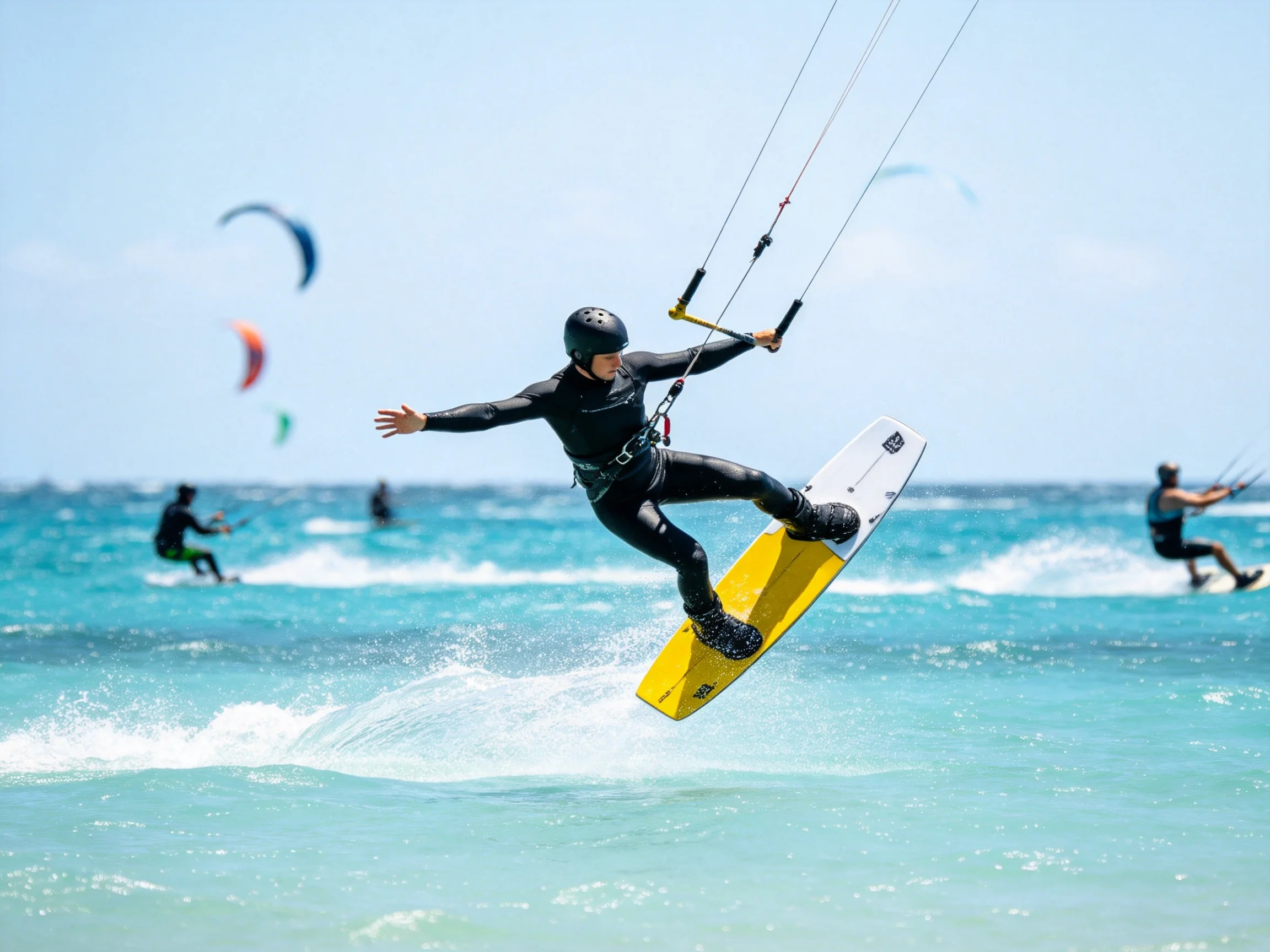 A kiteboarder soars over turquoise waves with a bright yellow board