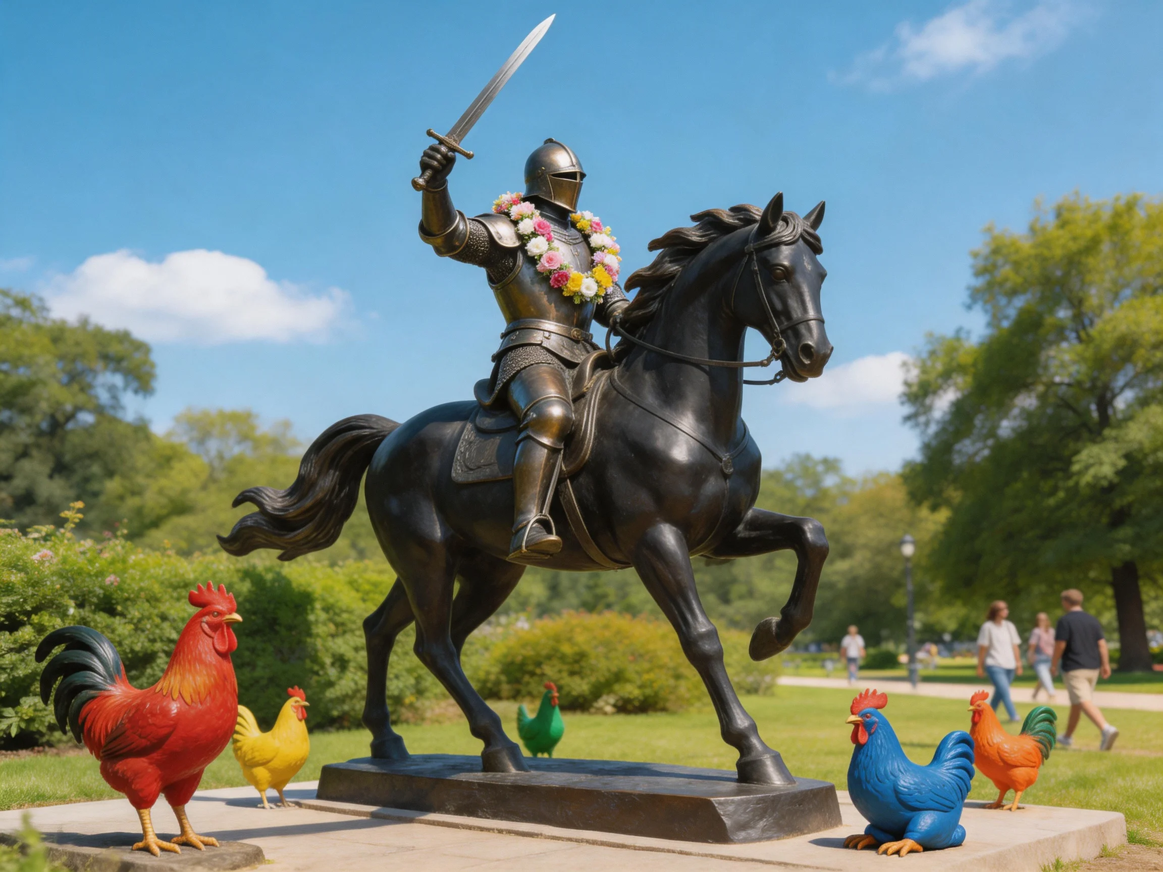 A knight statue on a black horse with colorful rooster figures