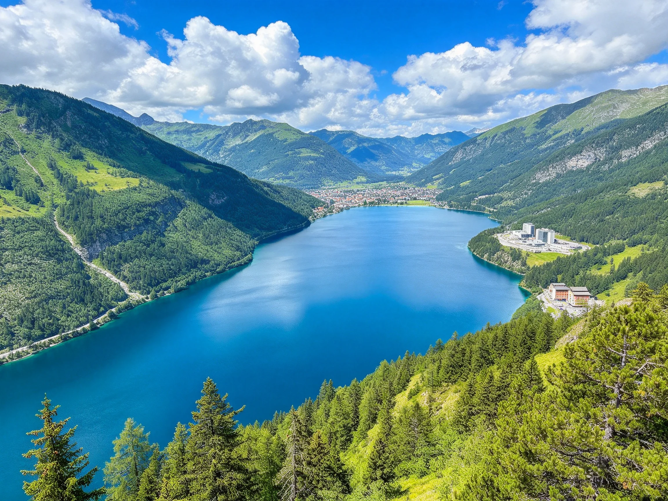 A large alpine lake with deep blue waters and lush green slopes