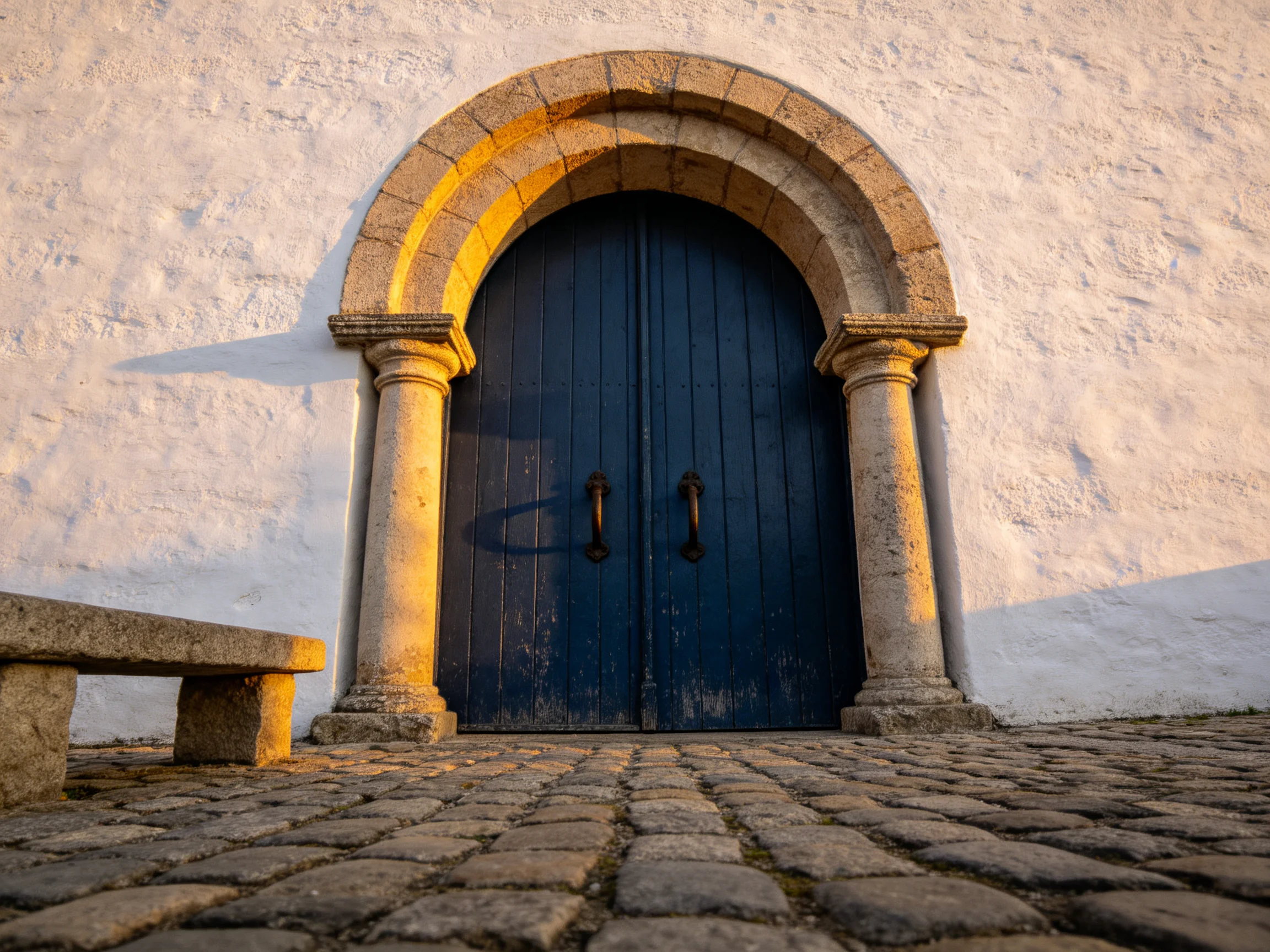 A large arched doorway with dark blue doors and textured white walls