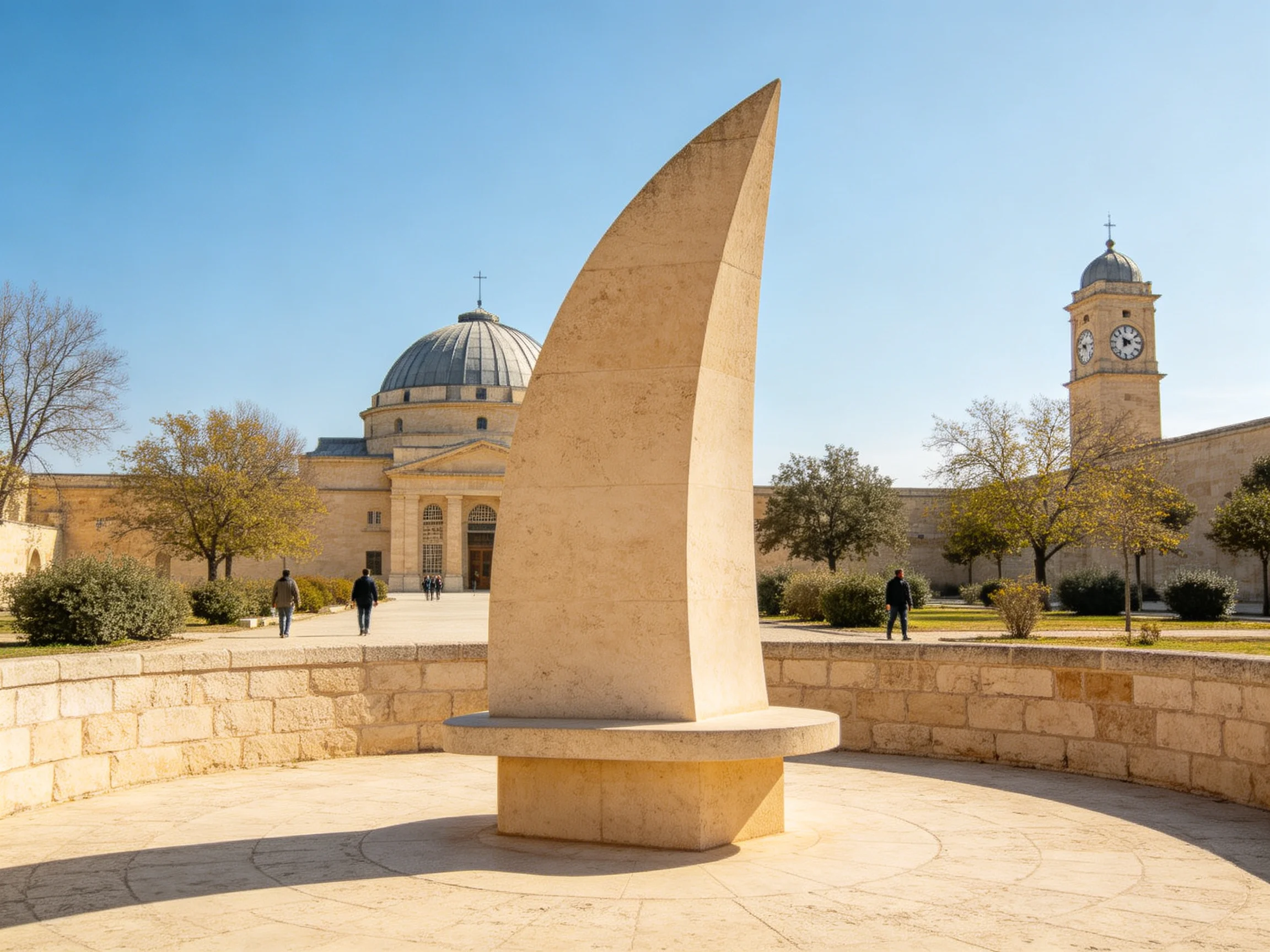 A large beige sculpture near historic stone buildings with dome and clock tower