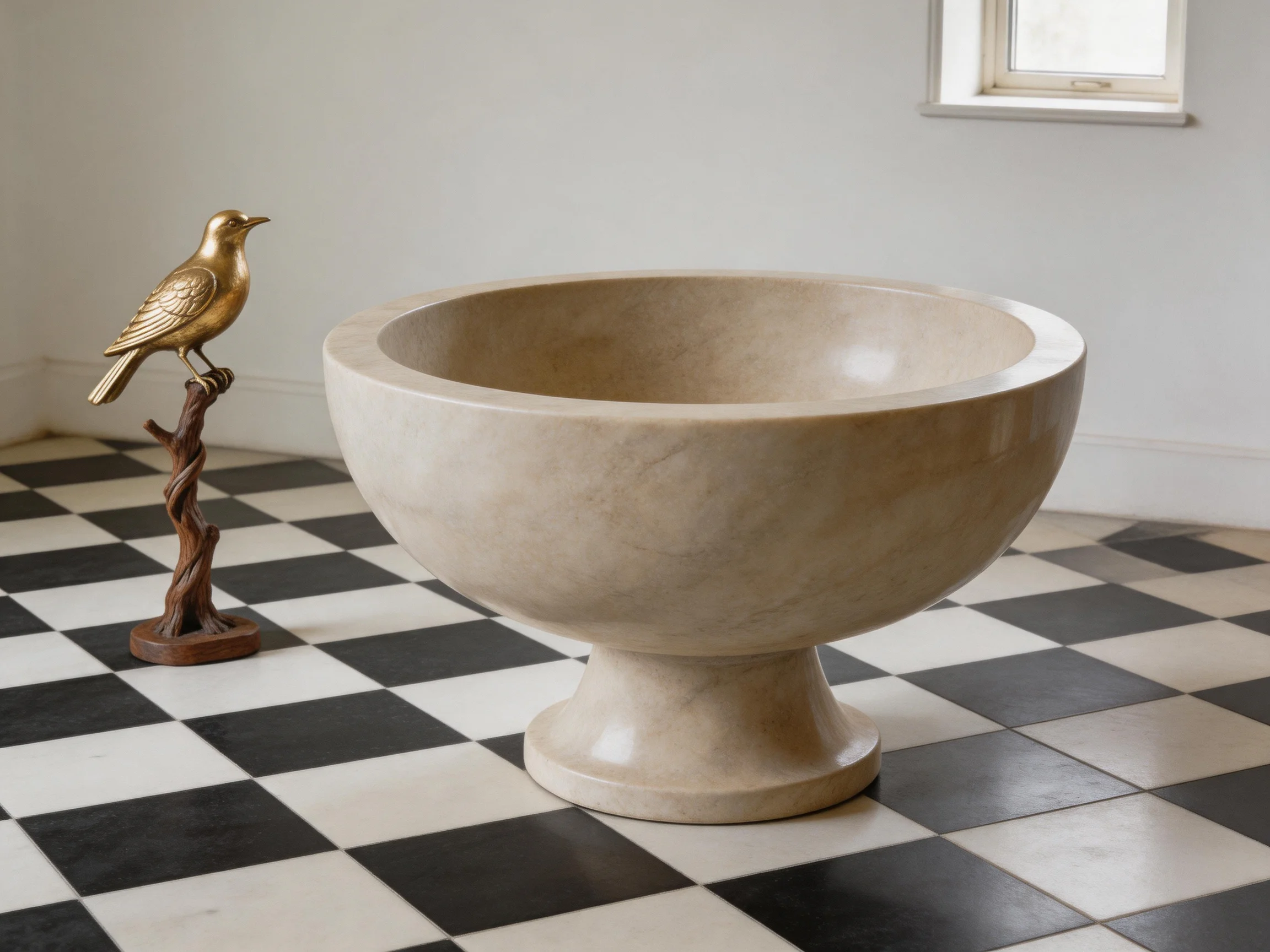 A large beige stone bowl beside a golden bird sculpture on checkered flooring