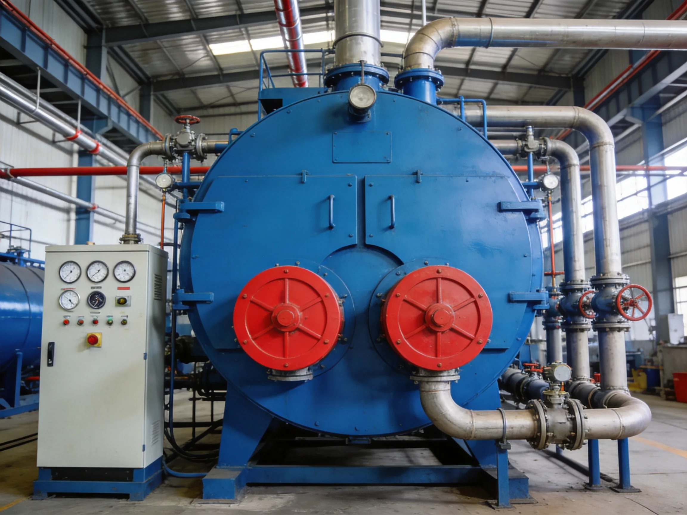 A large blue industrial boiler with red covers and silver pipes is in an industrial facility.