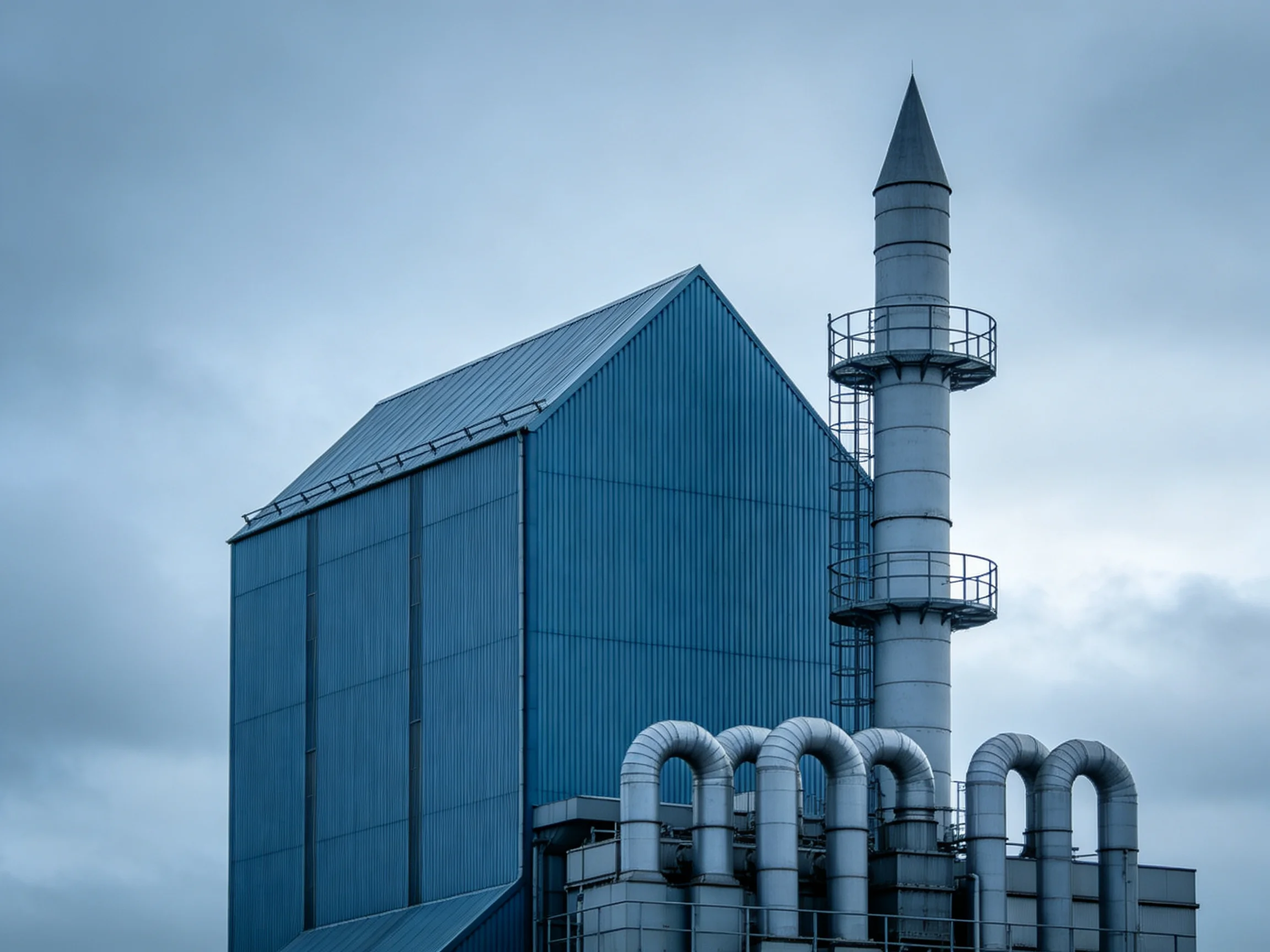 A large blue industrial building with a tall cylindrical tower