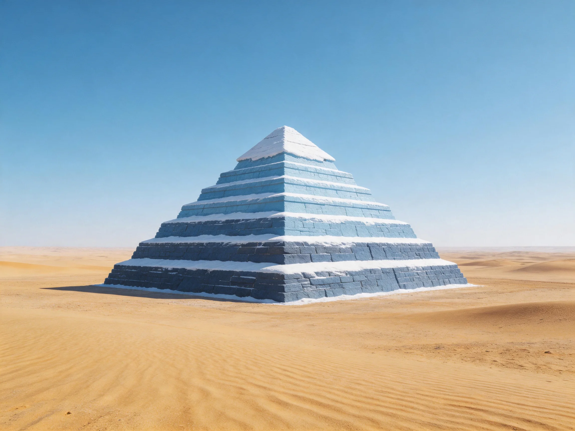A large blue pyramid with snow layers stands alone in a sandy desert