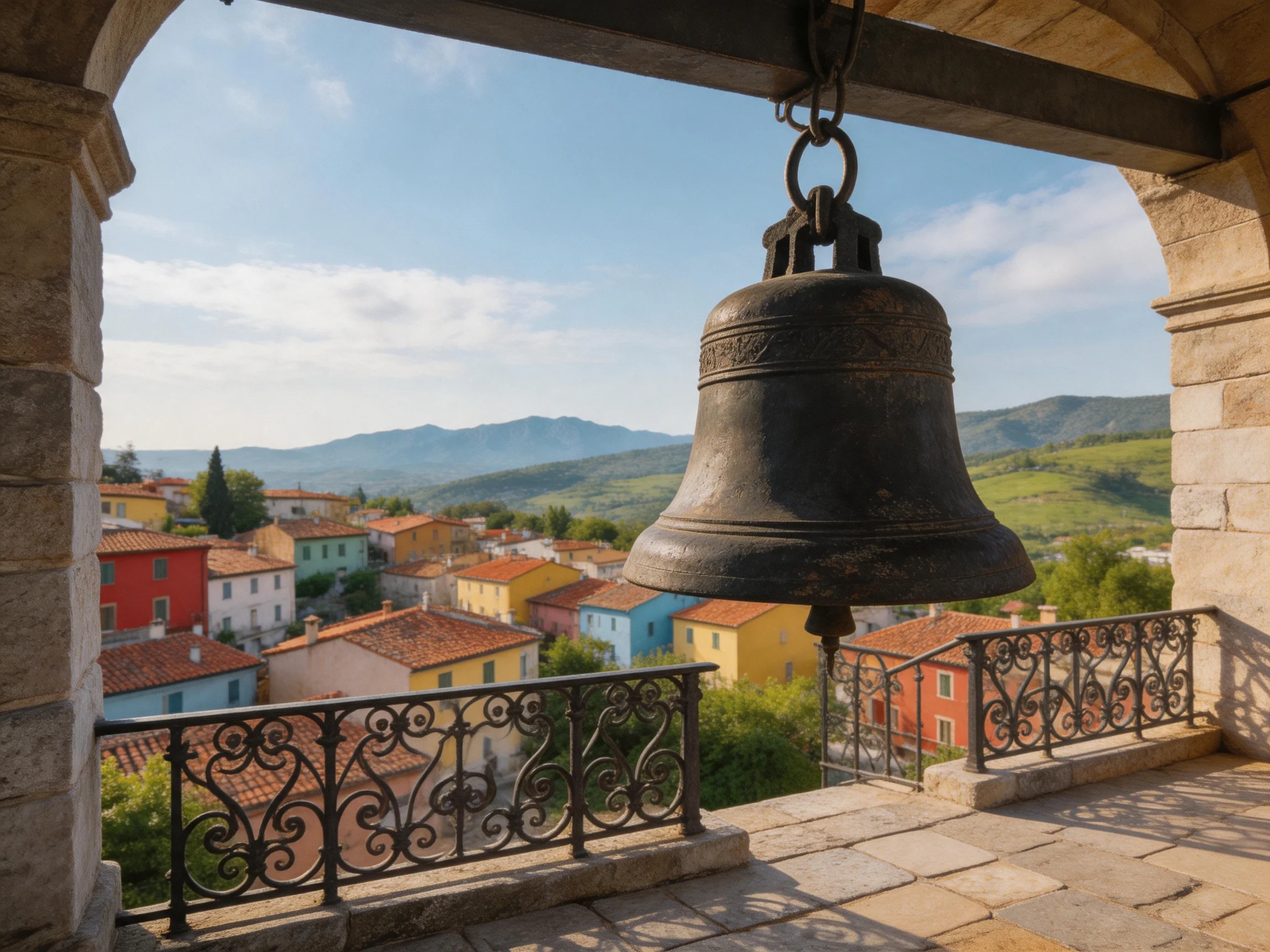 A large bronze bell overlooks vibrant townhouses near rolling hills