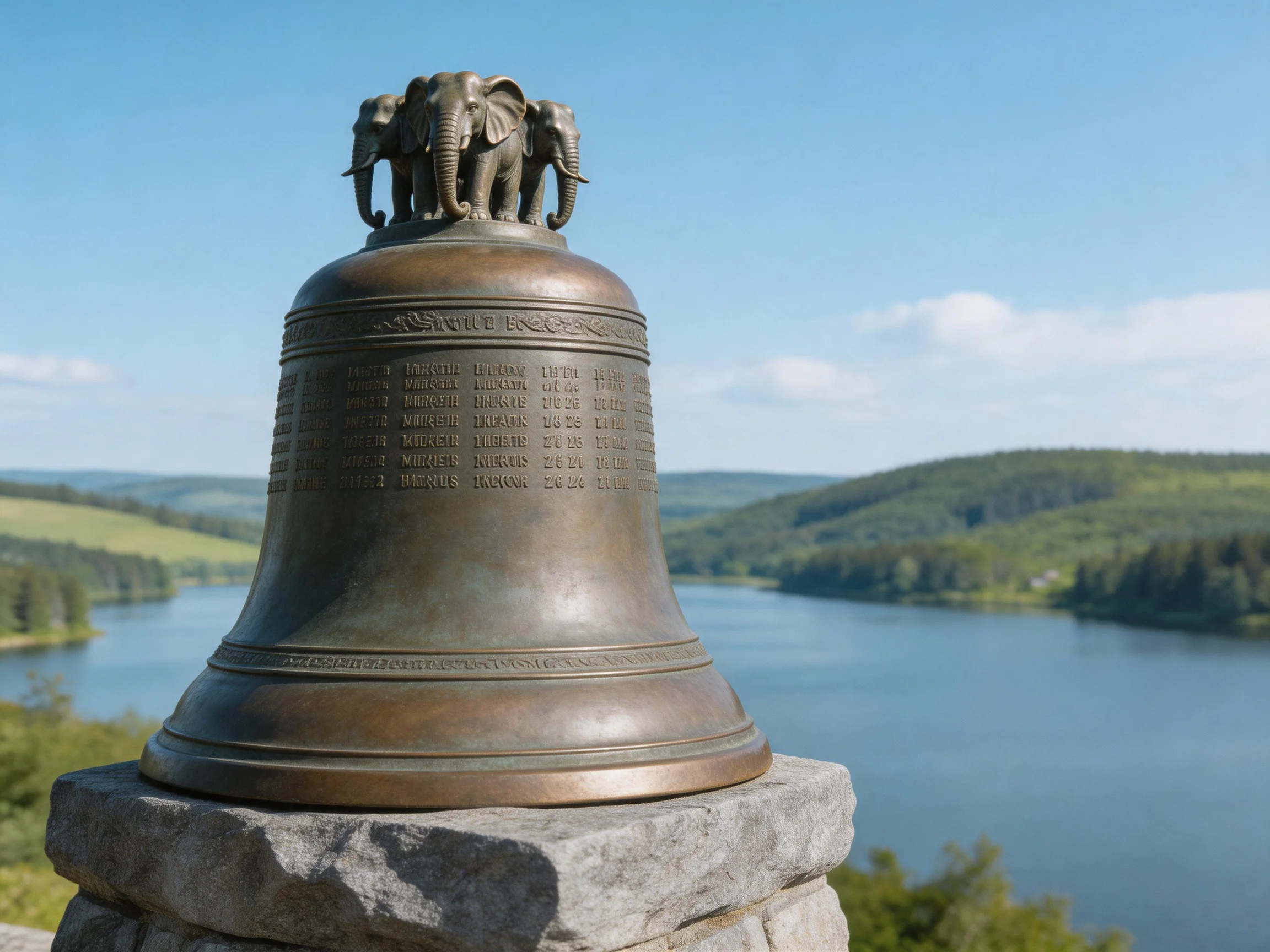 A large bronze bell with elephant statues overlooks a serene lake and rolling hills