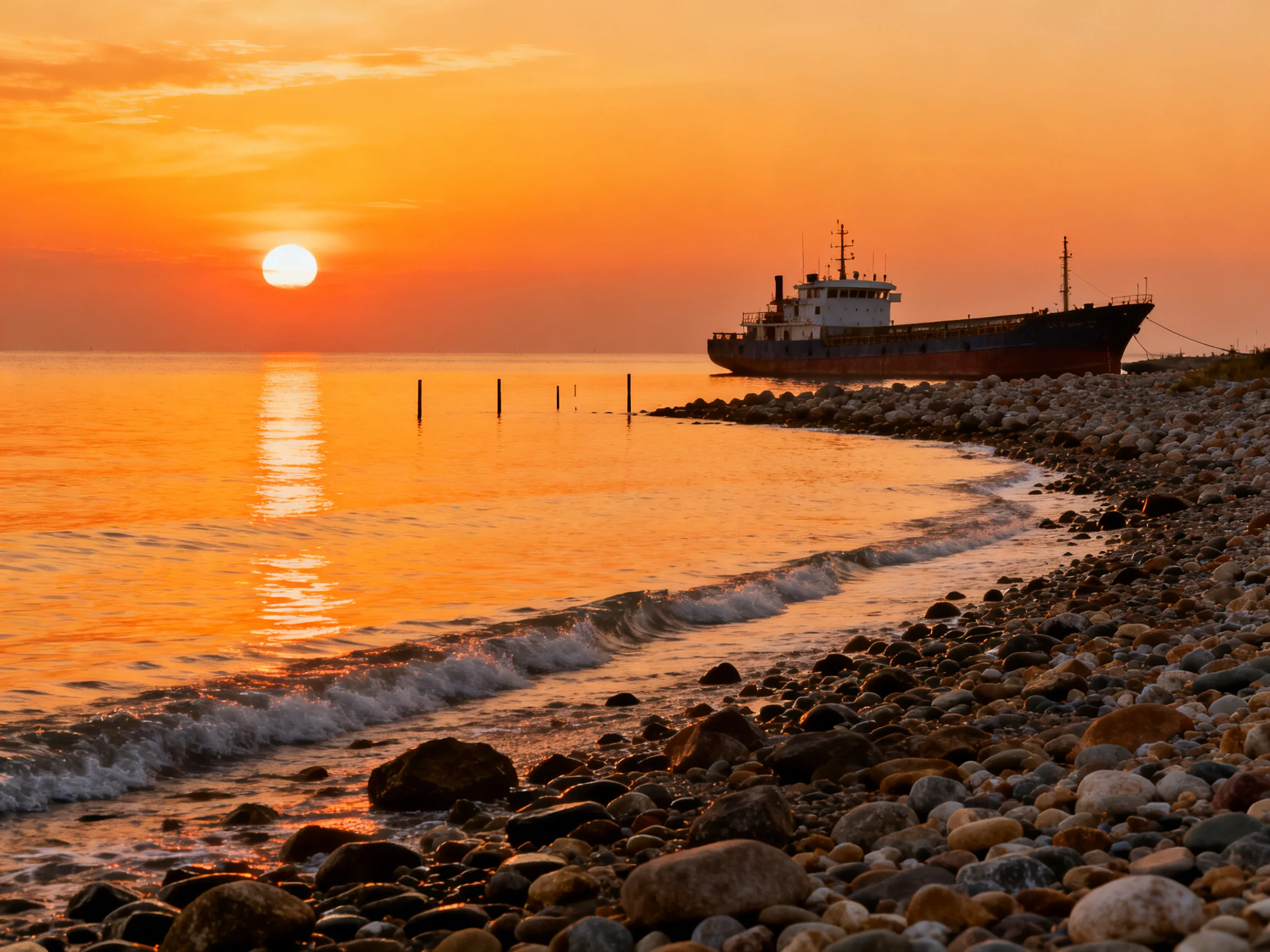 A large cargo ship sits beside a pebbly shore during a vibrant sunset