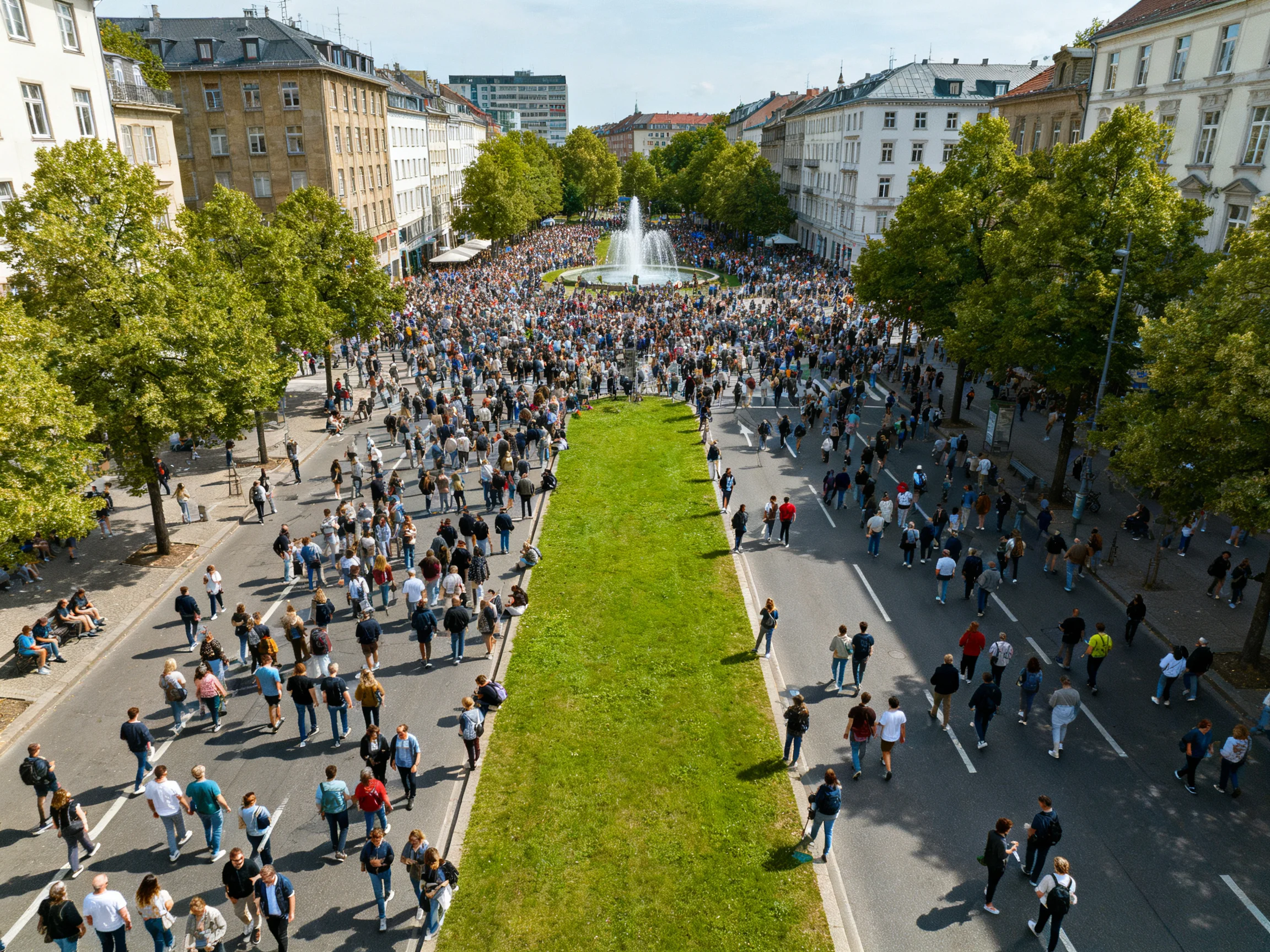 A large crowd fills a tree-lined urban plaza with a central fountain