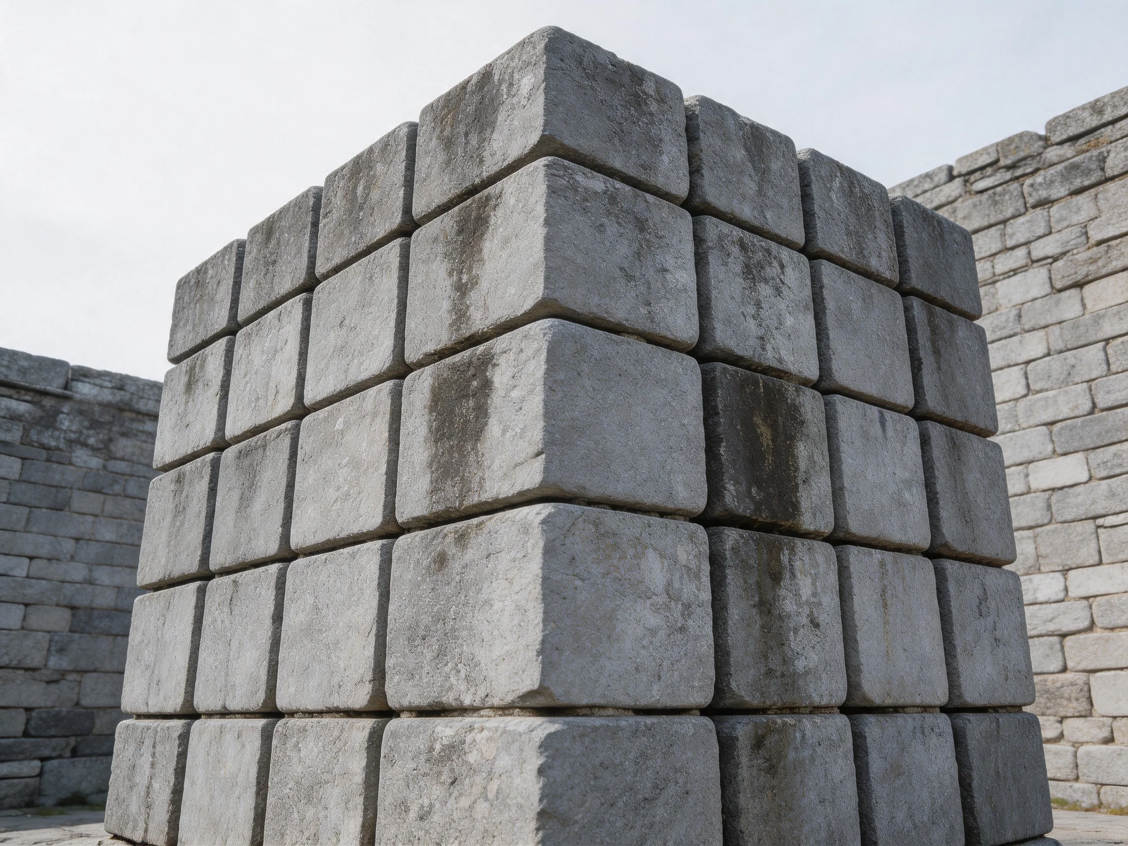 A large cubic structure built from uniform gray stone blocks.