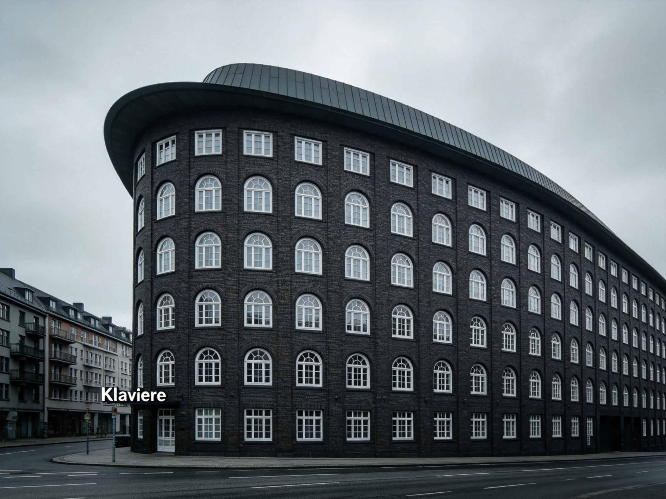 A large curved black-brick building with numerous arched windows