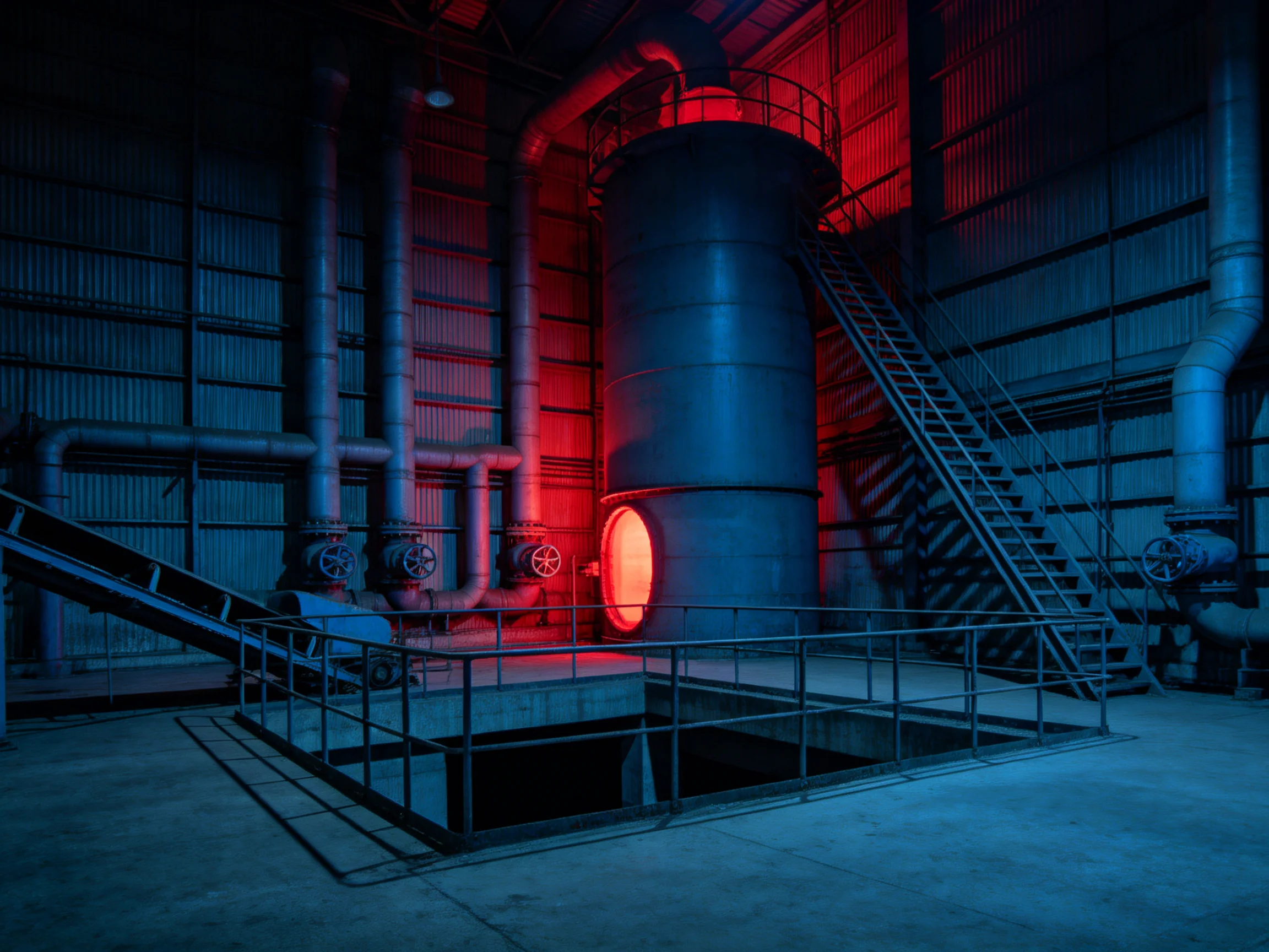 A large cylindrical tank in an industrial space with red and blue lighting