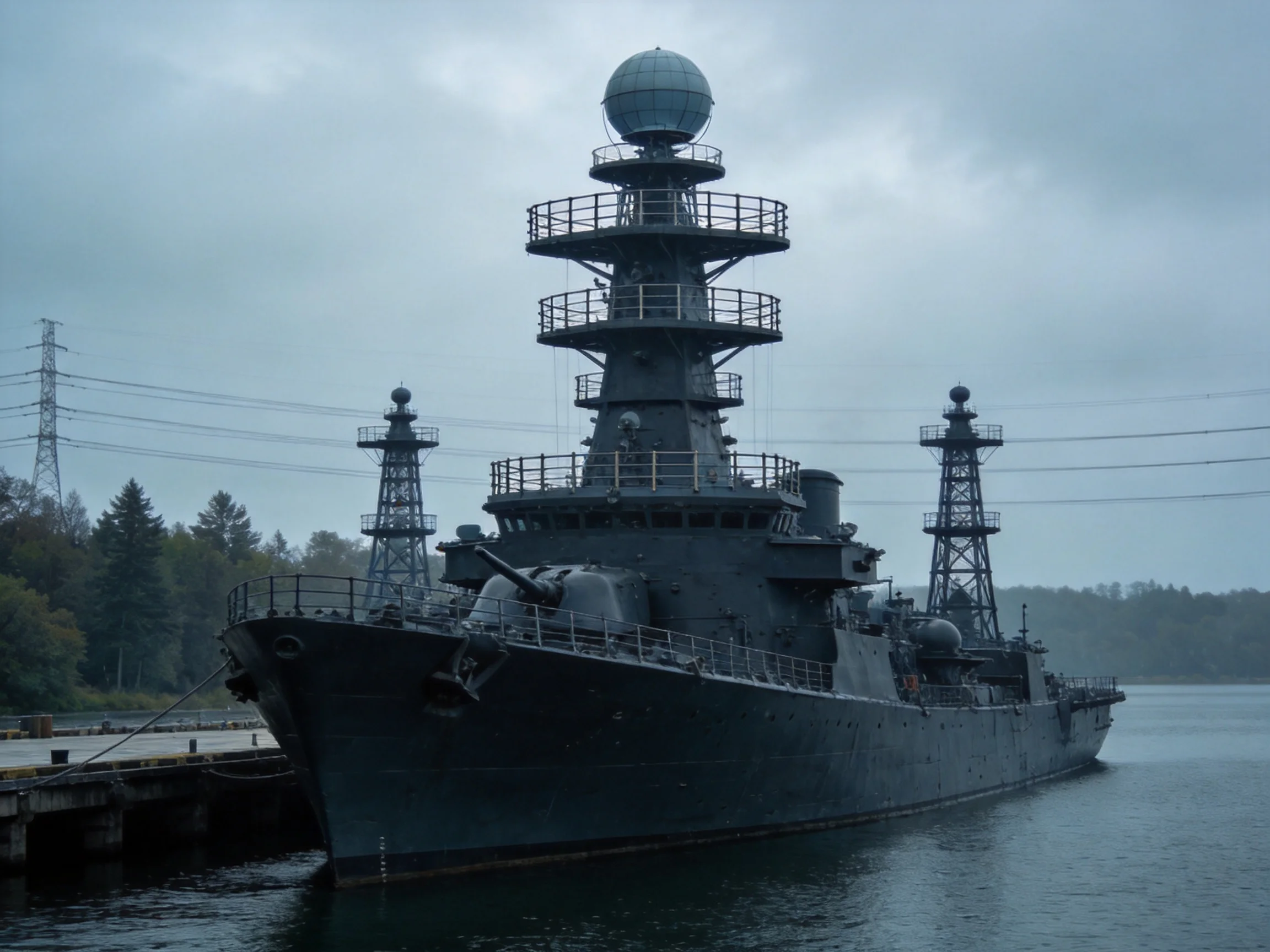 A large dark gray warship docked near trees and power lines
