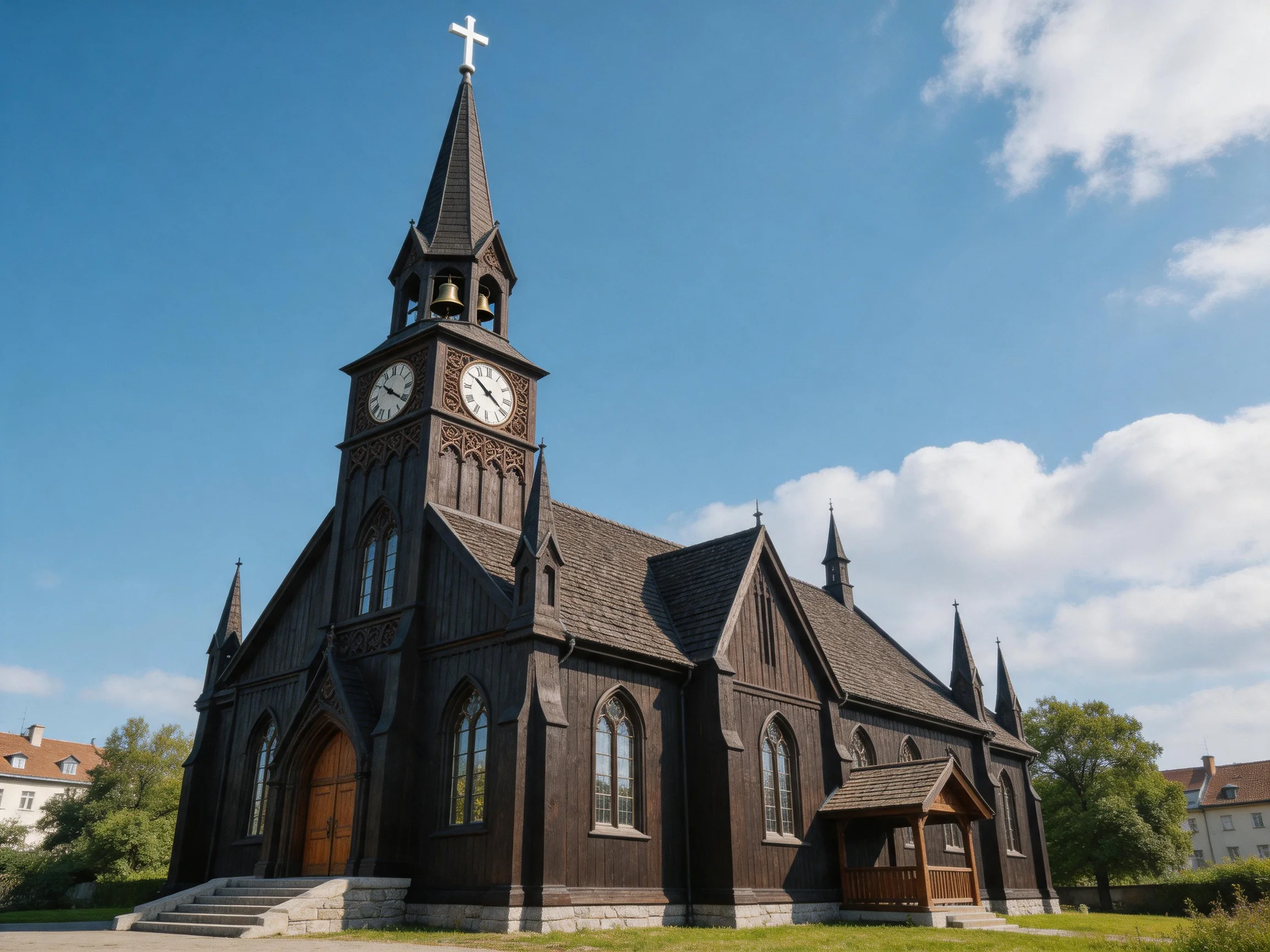 A large dark wooden church with a tall clock tower under bright blue sky