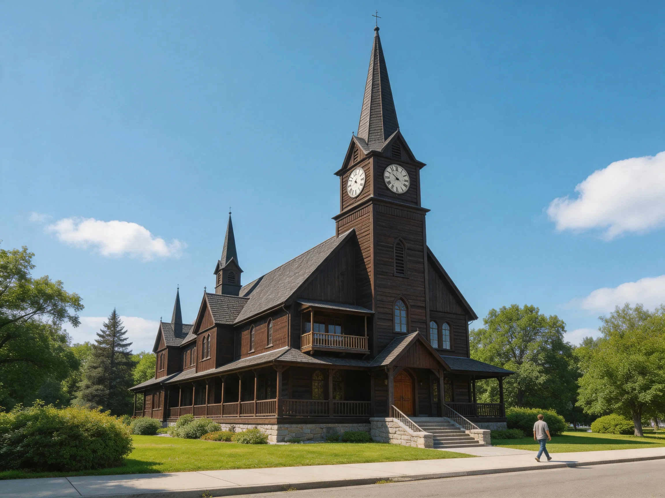 A large dark wooden church with clock tower and three spires