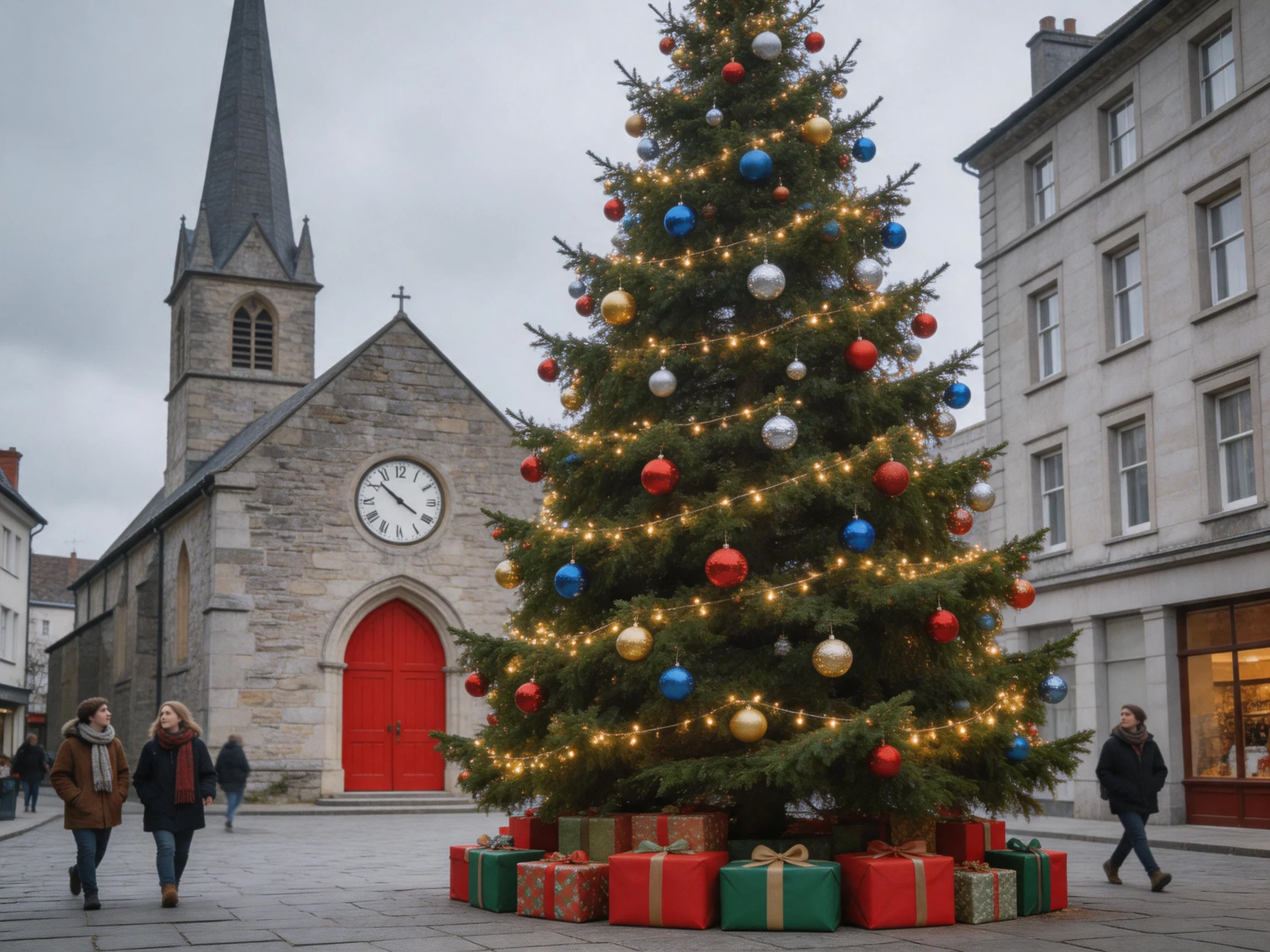 A large decorated Christmas tree near a stone church with a red door