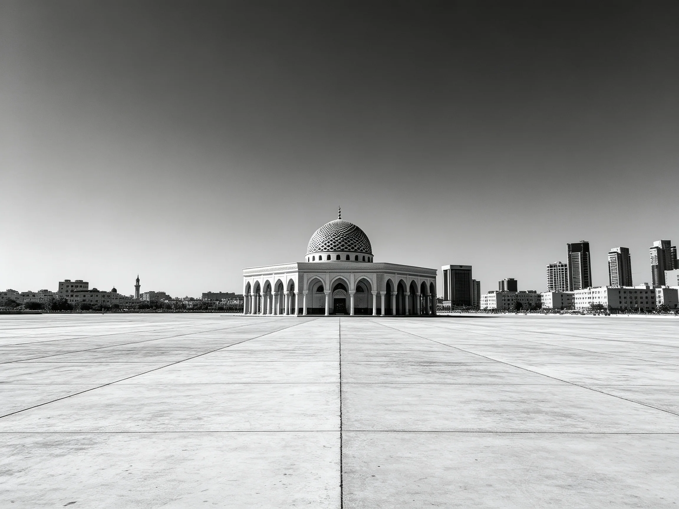 A large domed building in an expansive empty plaza near urban structures
