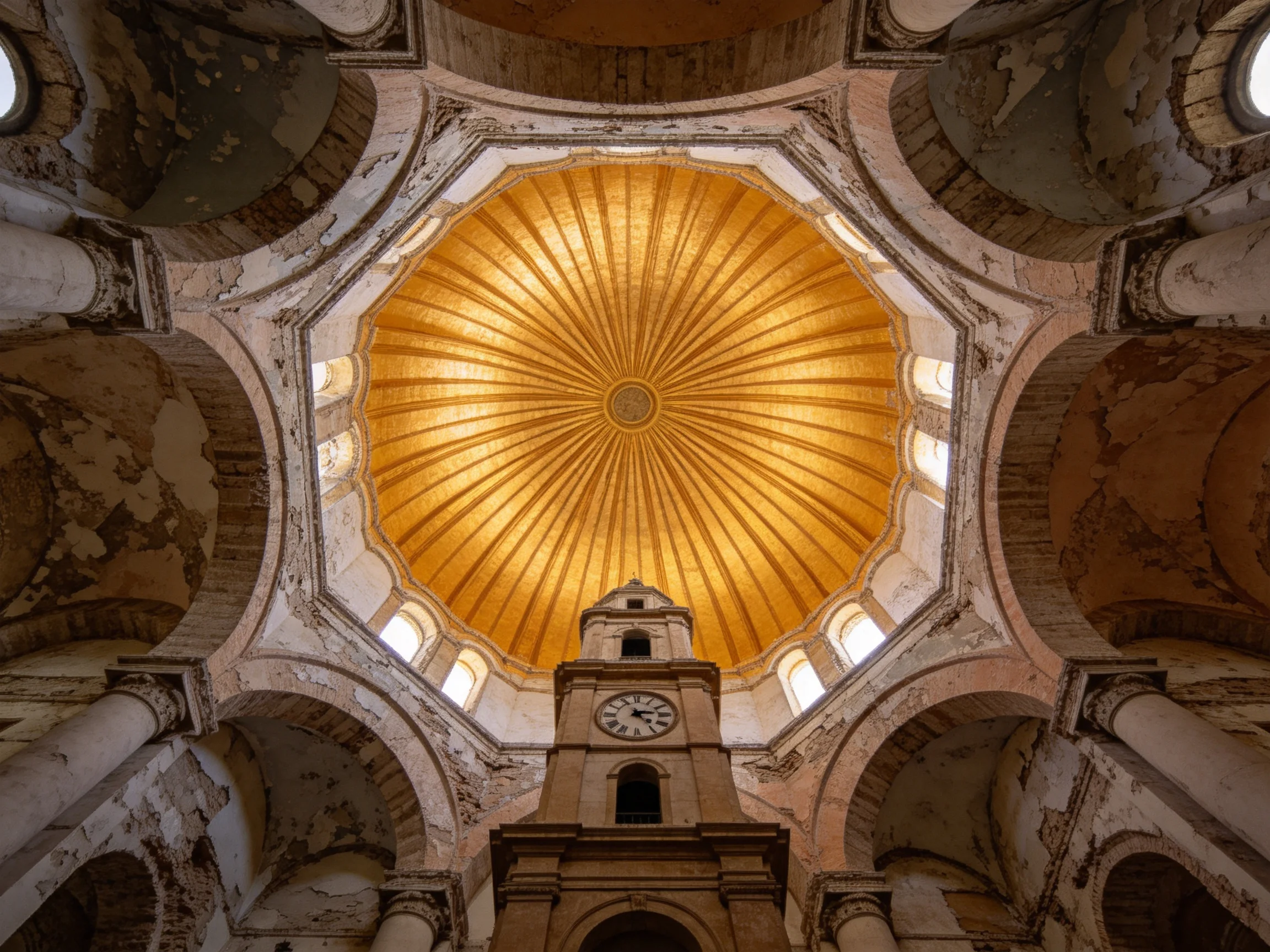 A large golden domed ceiling in an ancient architectural interior