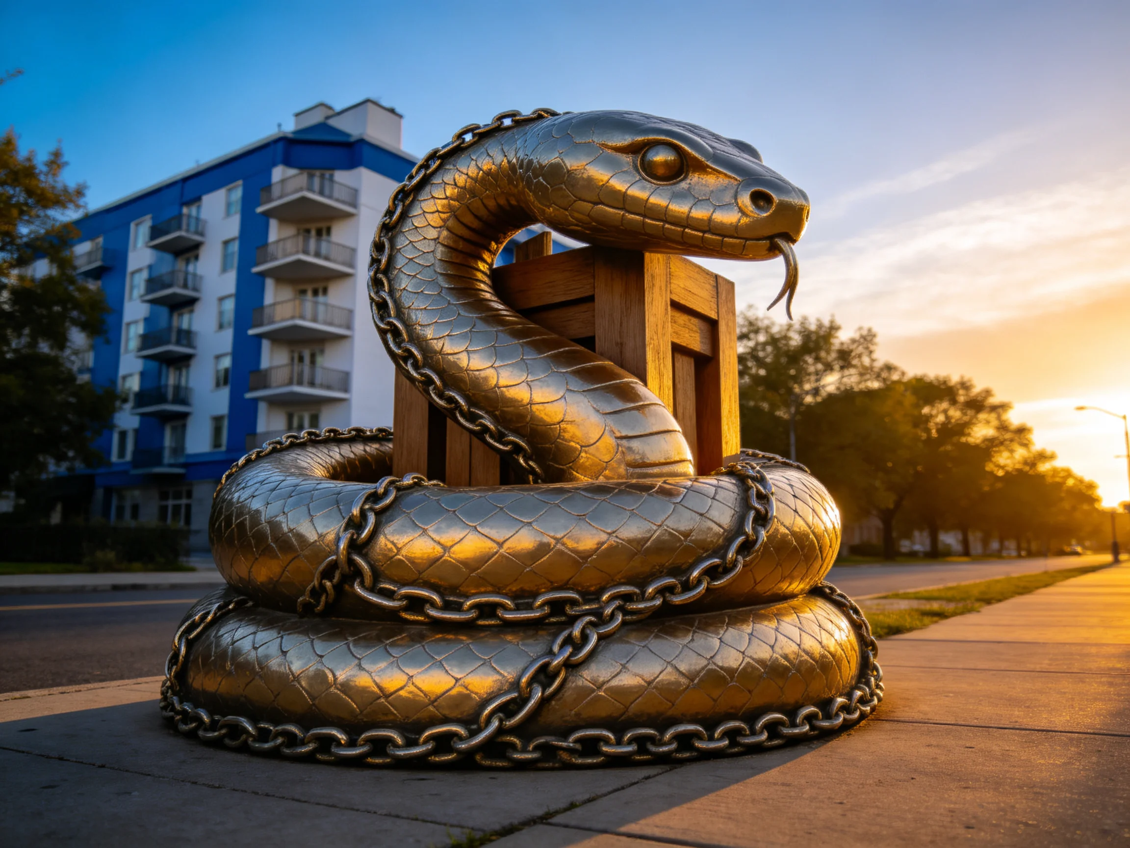 A large golden snake sculpture wrapped in chains near blue buildings