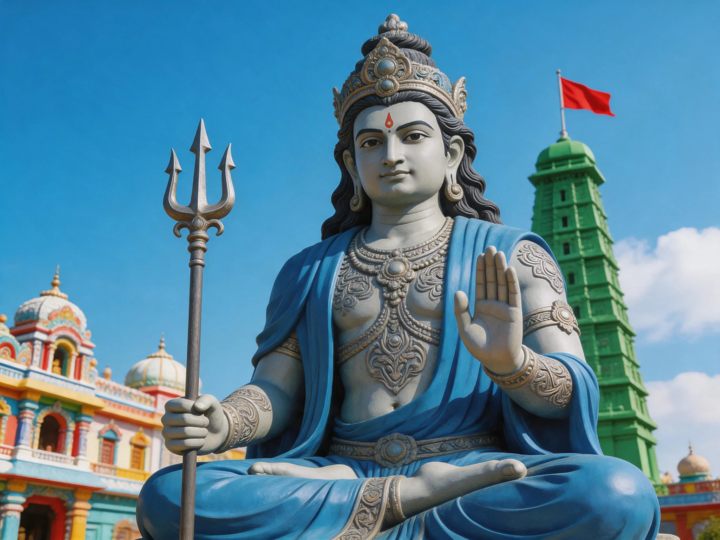 A large gray-blue deity statue holding a trident near colorful temples