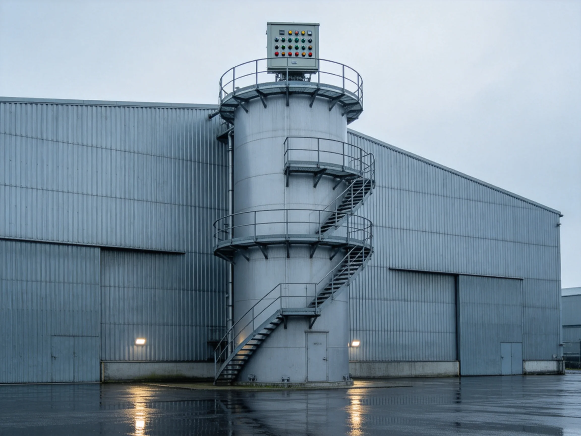 A large gray industrial building with a tall cylindrical tower and spiral staircase