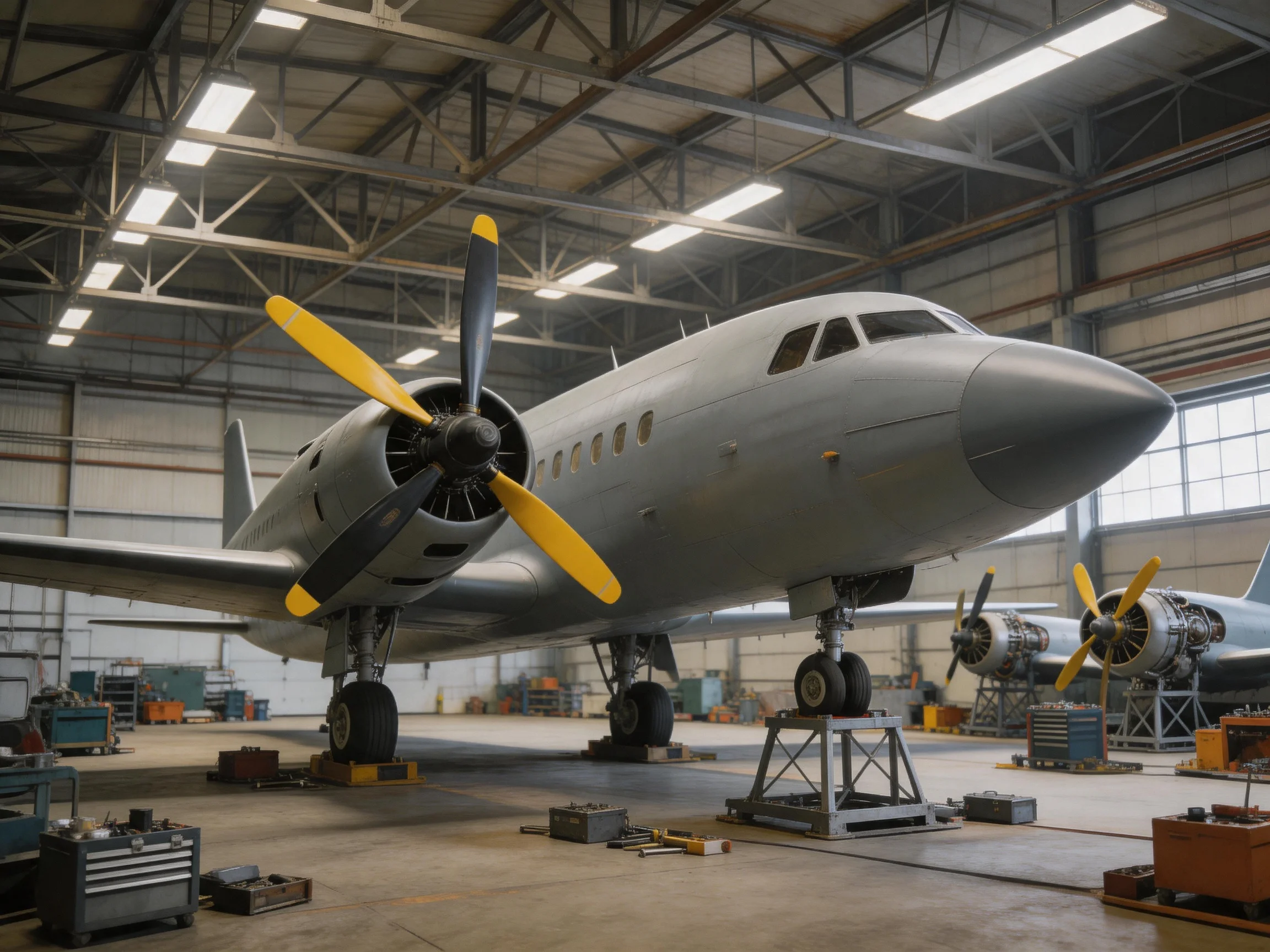 A large gray propeller plane is situated in a spacious industrial hangar