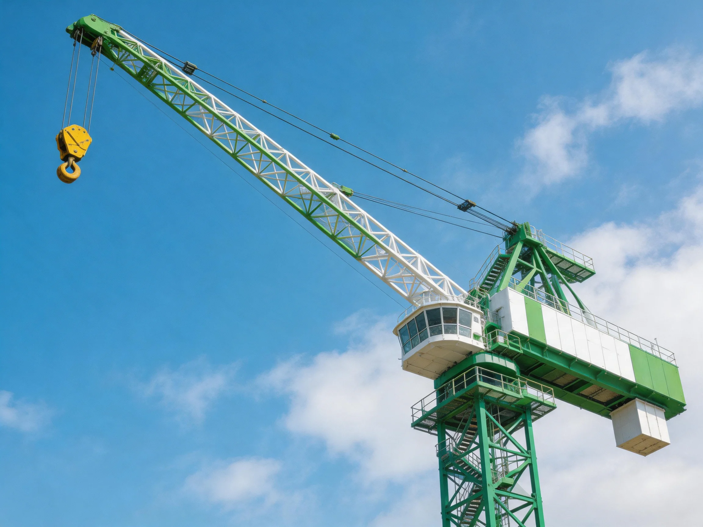 A large green and white tower crane with yellow hoist under clear blue sky