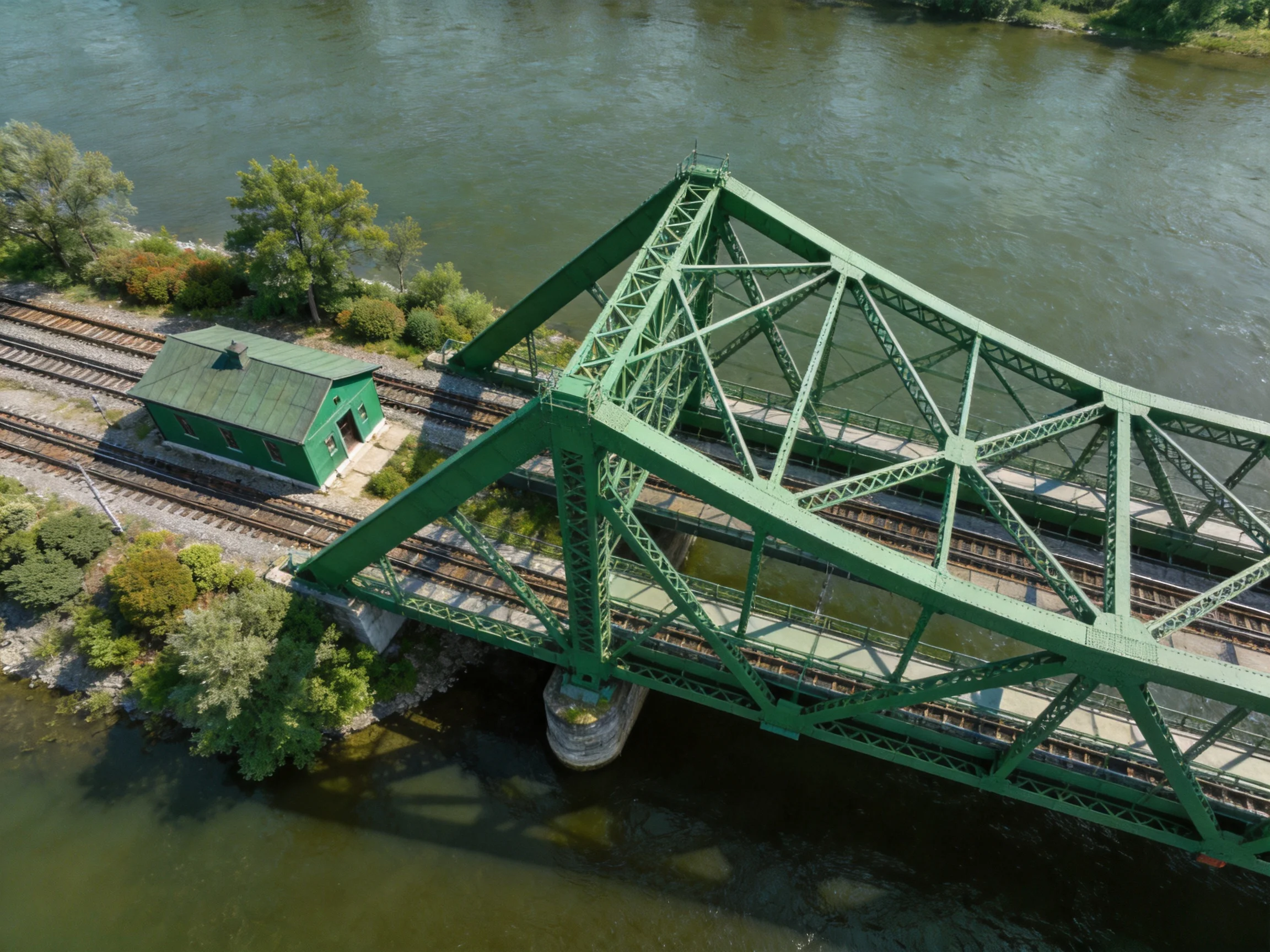 A large green metal bridge spans a river with adjacent train tracks