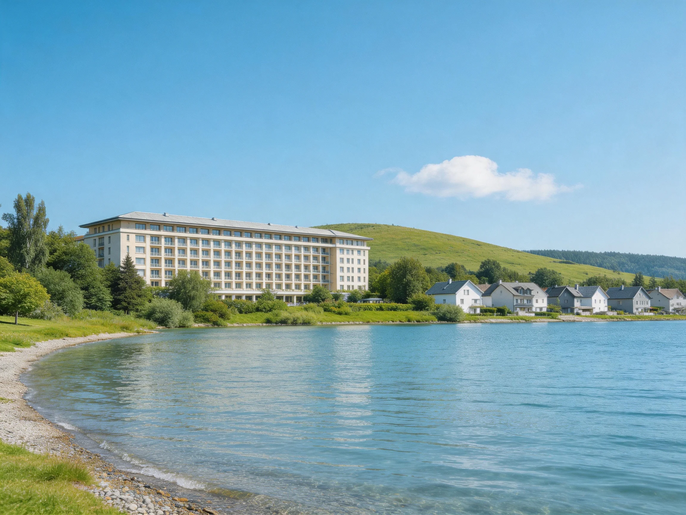 A large hotel by a calm lakeside with white homes and green hills