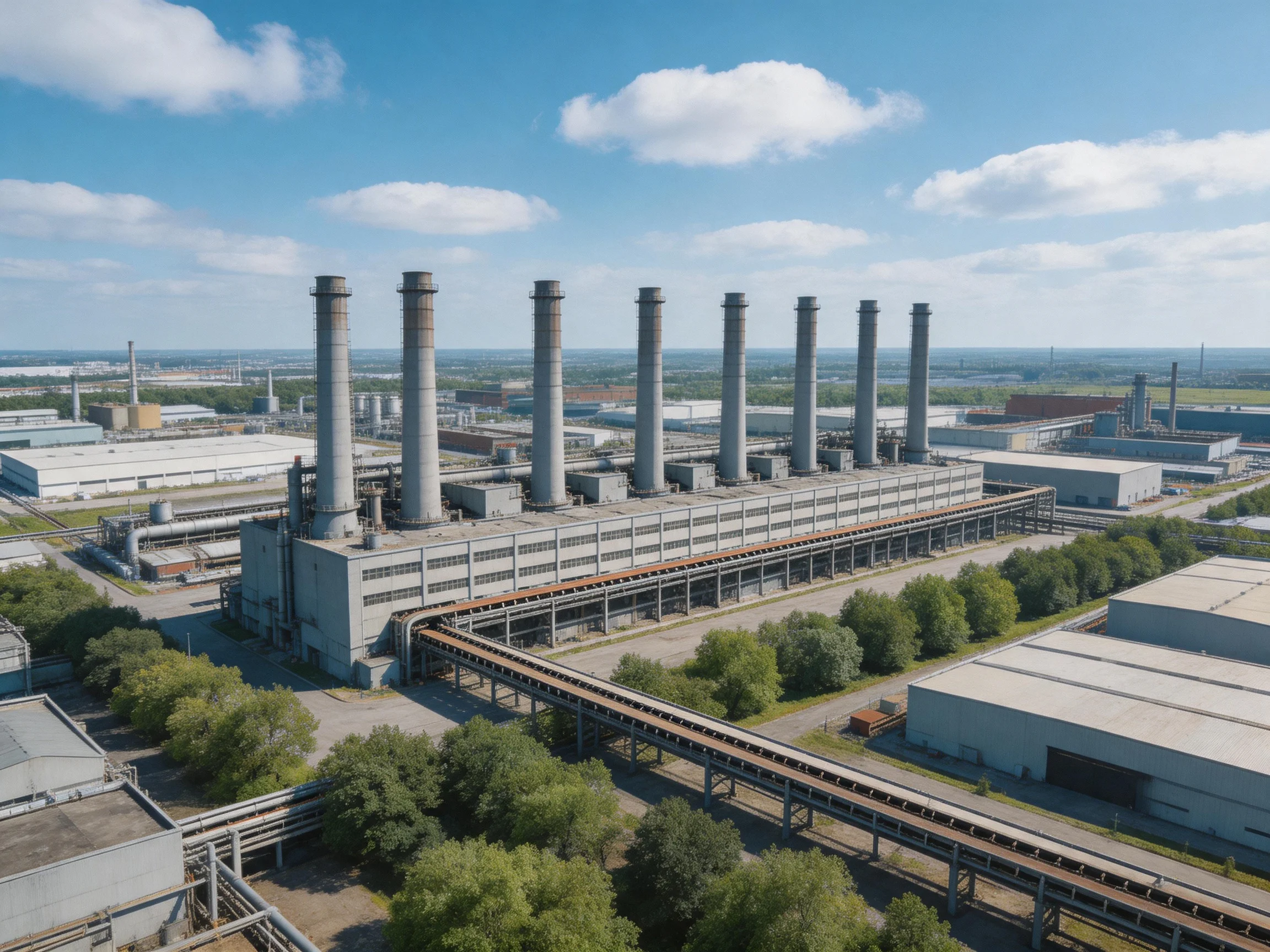 A large industrial complex with eight tall gray chimneys under bright blue skies