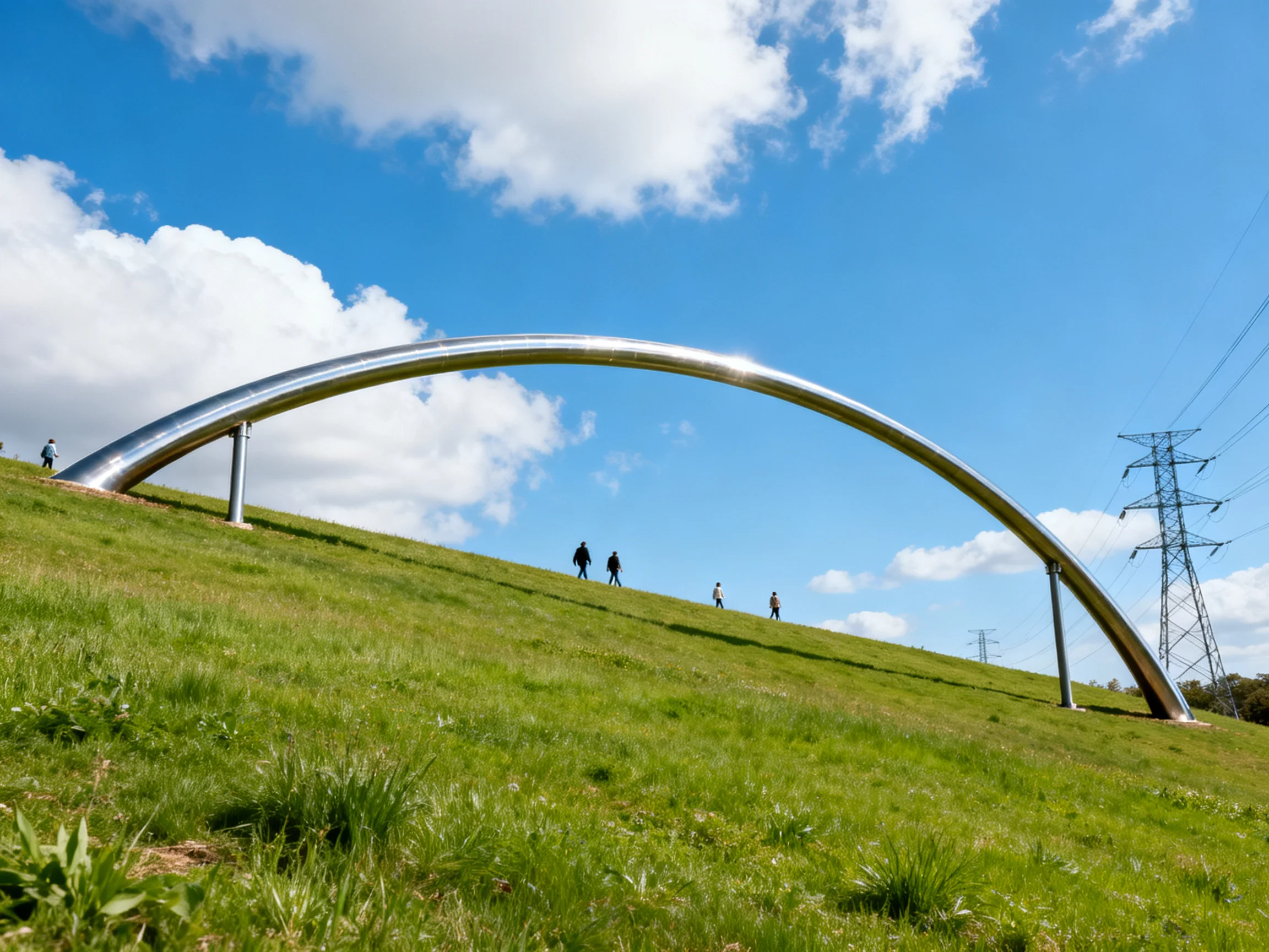 A large metallic arch spans a grassy hill under sunny skies