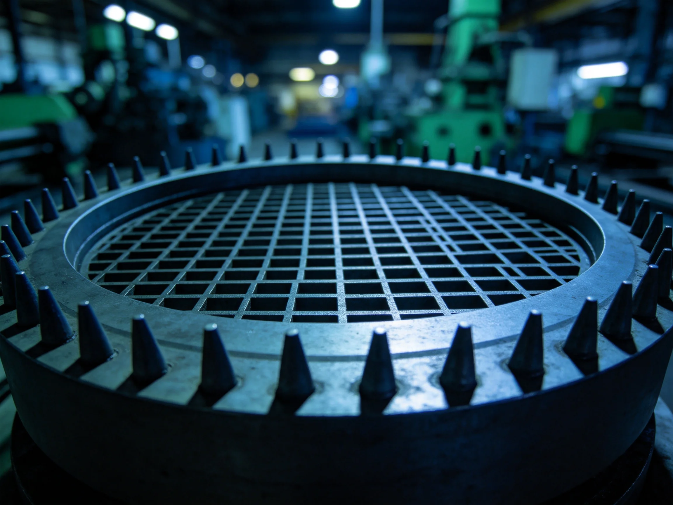 A large metallic circular component with spiked edges in a dimly lit factory